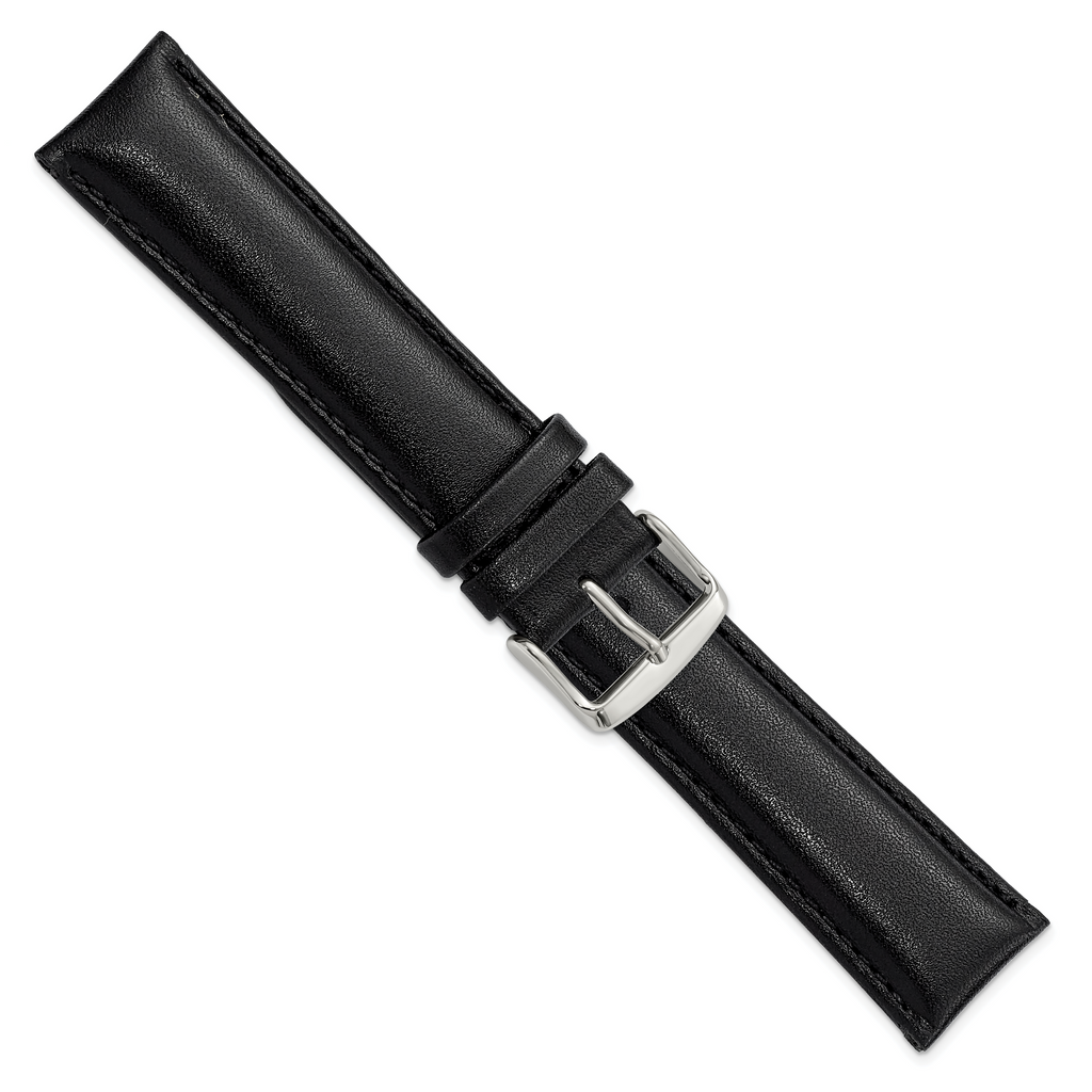 20mm Long Black Leather Chronograph with Silver-tone Buckle 8.5 inch Watch Band