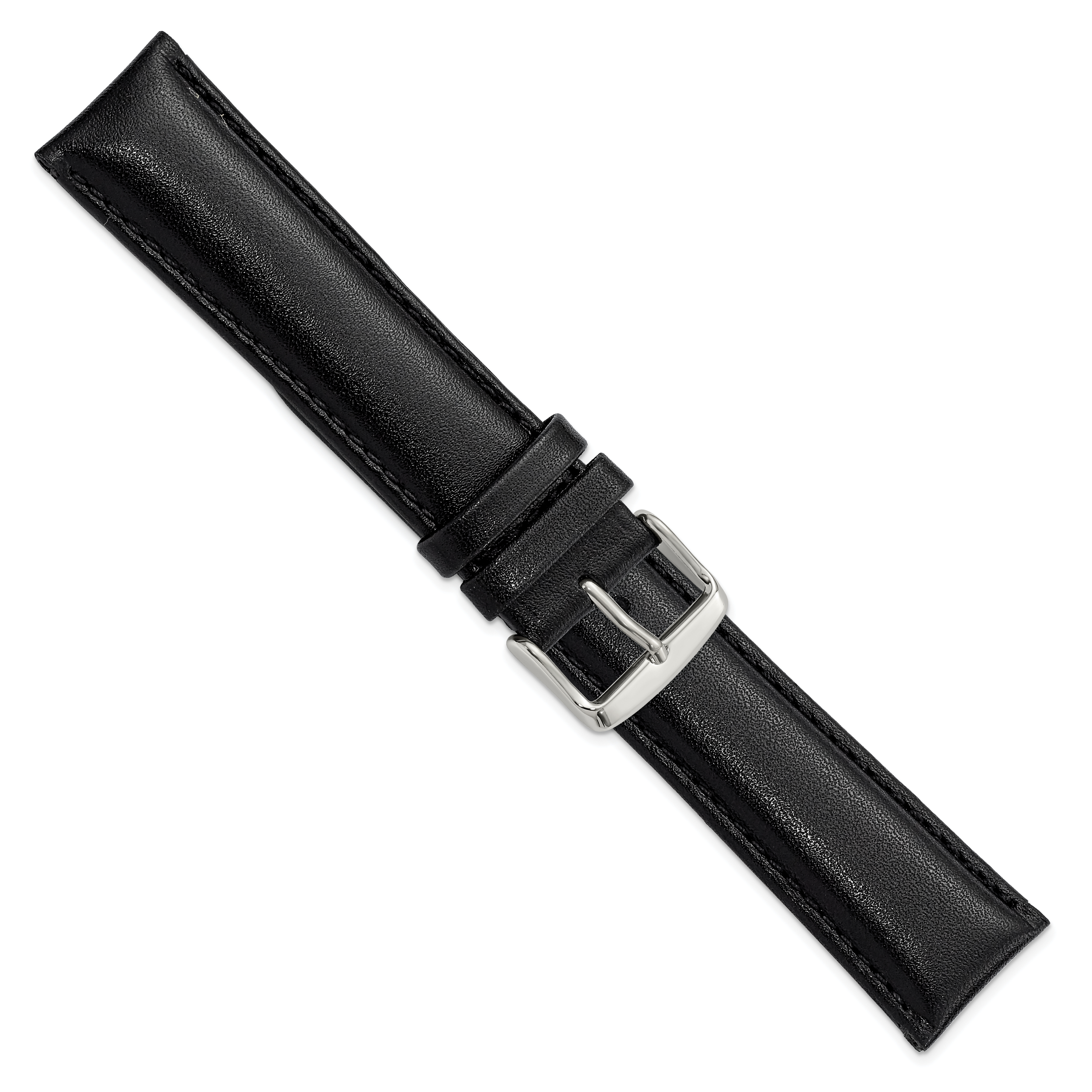 20mm Long Black Leather Chronograph with Silver-tone Buckle 8.5 inch Watch Band