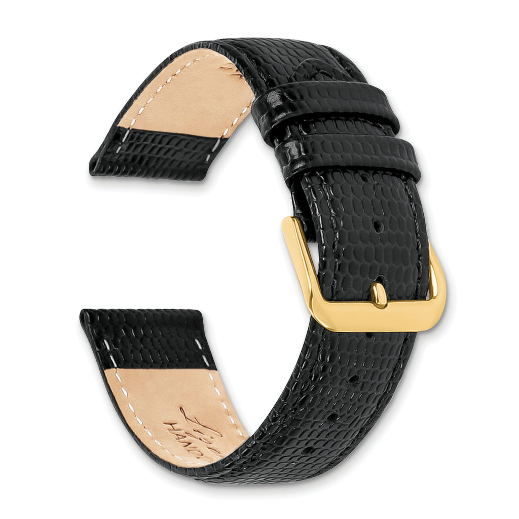 16mm Short Black Lizard Grain Leather with Gold-tone Buckle 6.75 inch Watch Band
