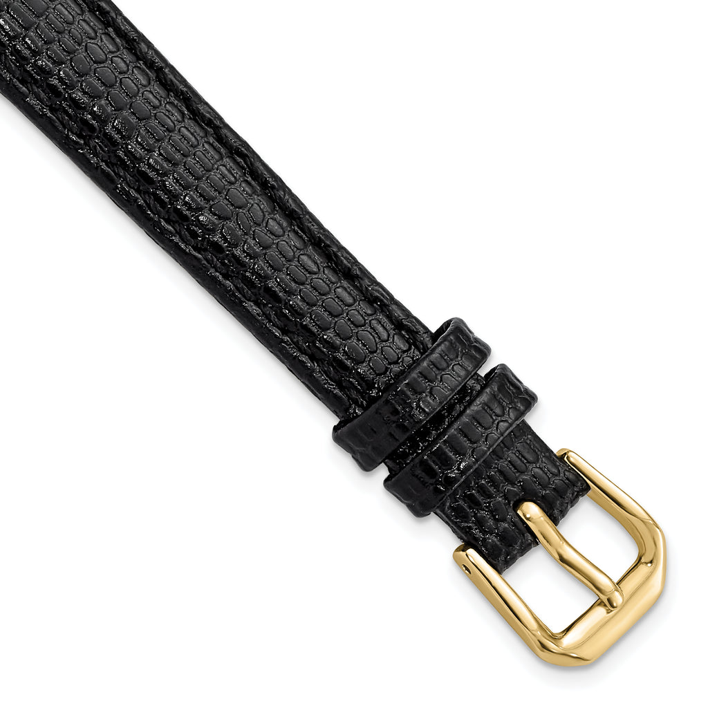 12mm Black Lizard Grain Leather with Gold-tone Buckle 6.75 inch Watch Band