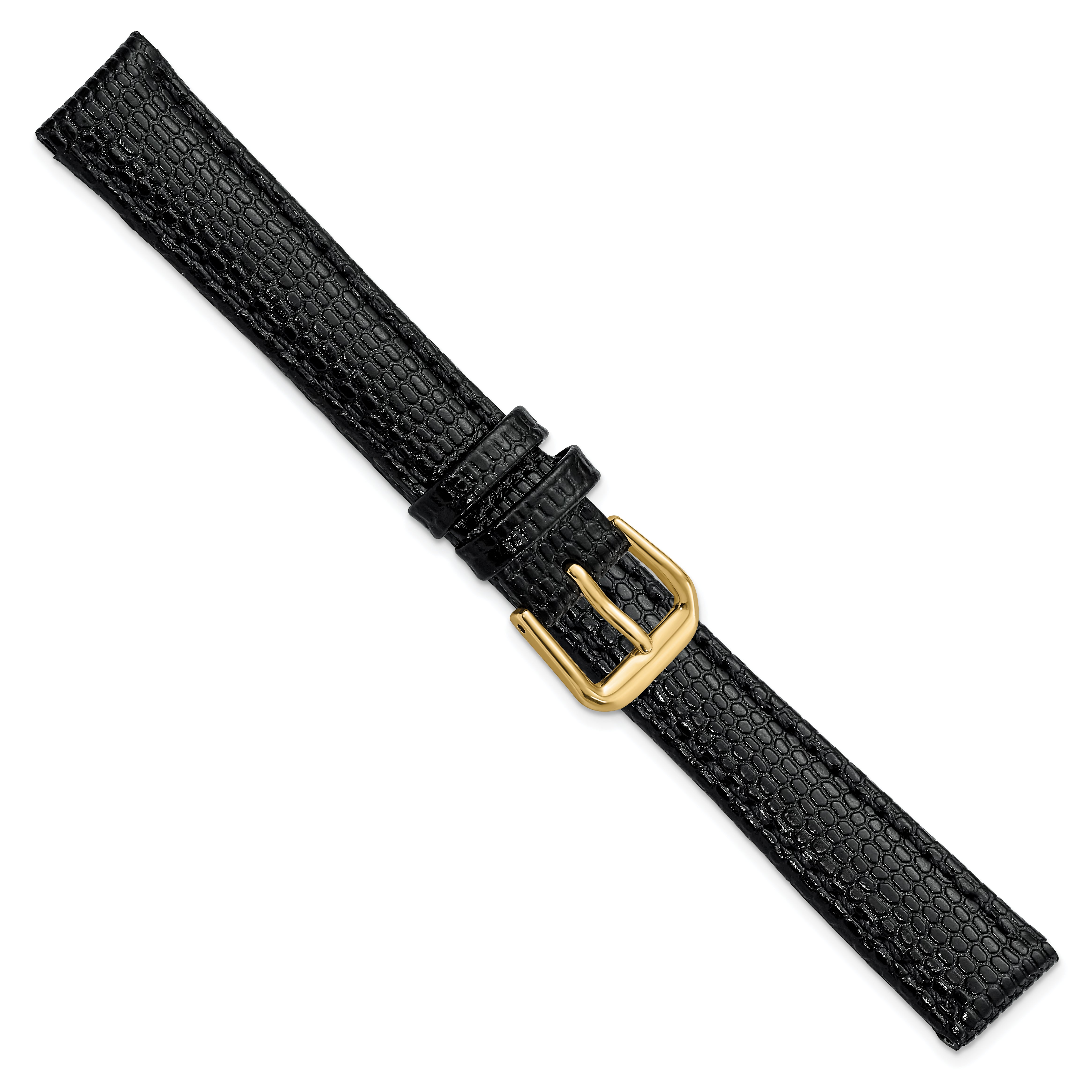 14mm Black Lizard Grain Leather with Gold-tone Buckle 6.75 inch Watch Band