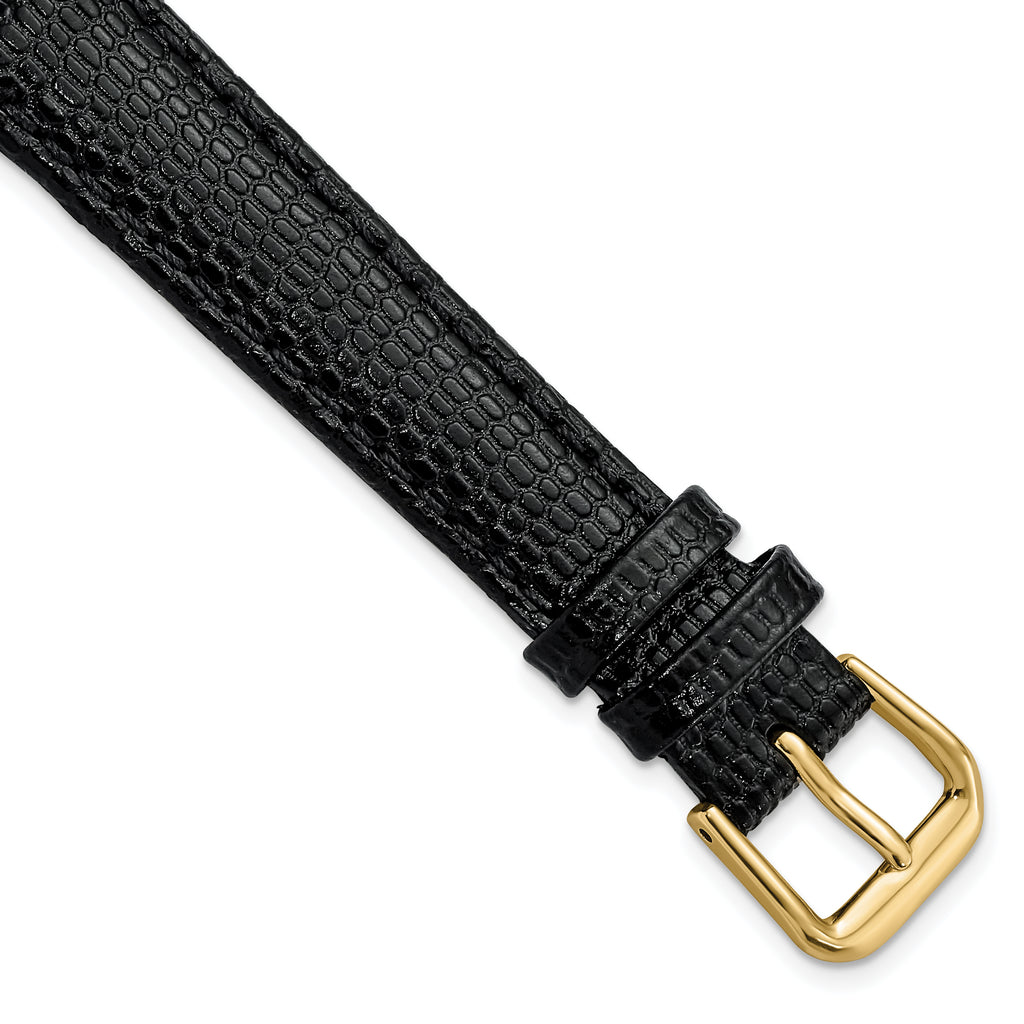 Black Lizard-Grain Leather Watch Band with Gold-Tone Buckle, 16mm