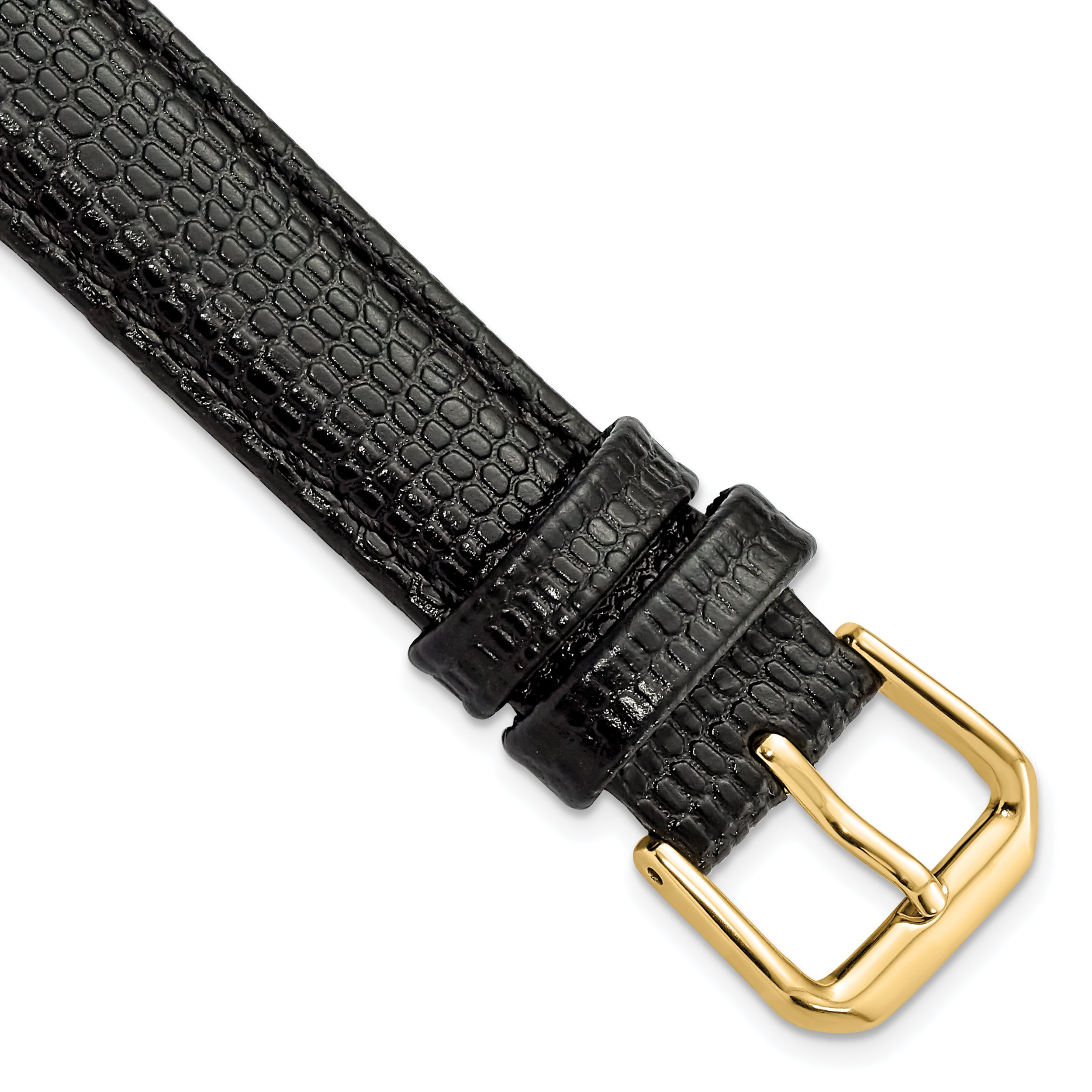 15mm Black Lizard Grain Leather with Gold-tone Buckle 7.5 inch Watch Band