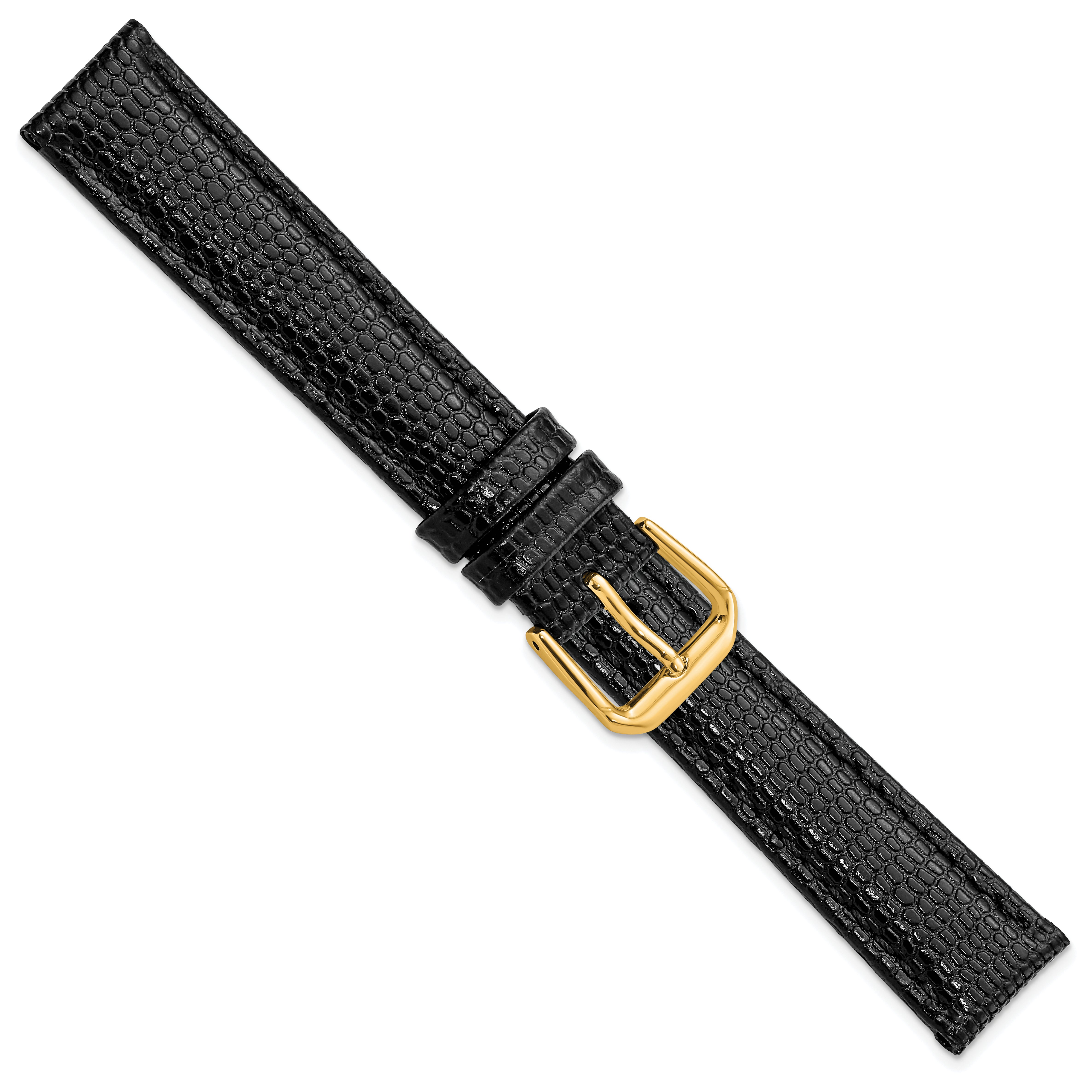 16mm Black Lizard Grain Leather with Gold-tone Buckle 7.5 inch Watch Band
