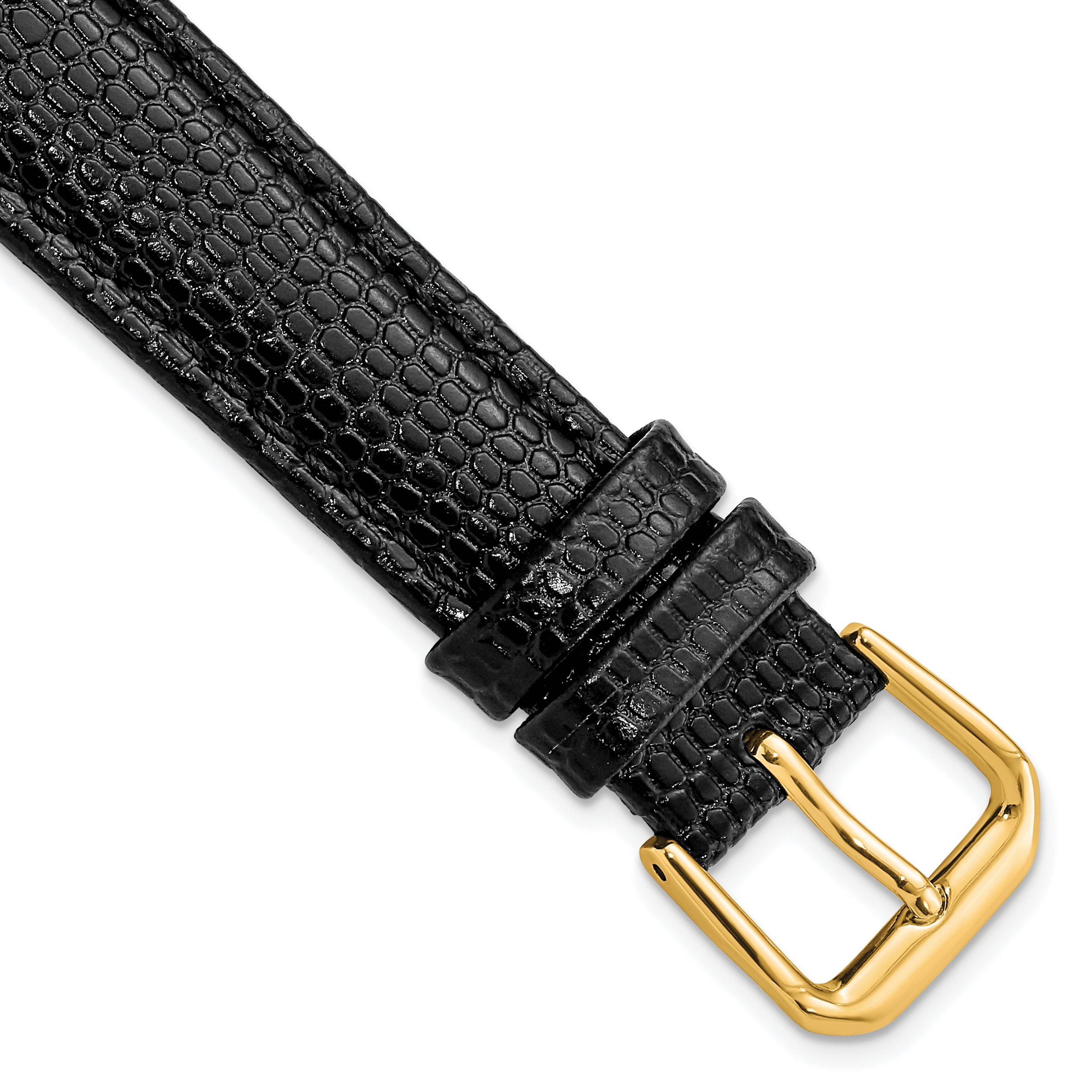 16mm Black Lizard Grain Leather with Gold-tone Buckle 7.5 inch Watch Band