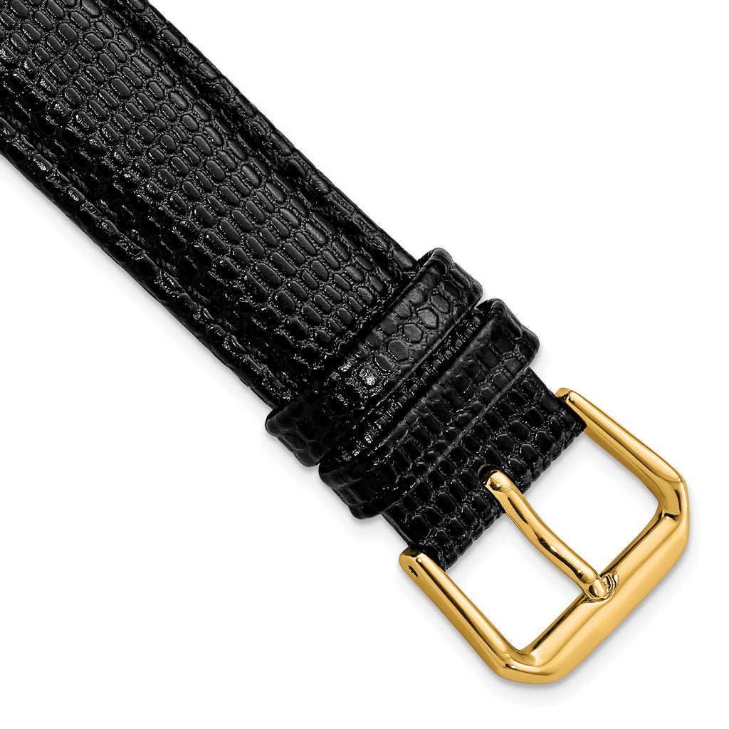 Black Lizard-Grain Leather Watch Band with Gold-Tone Buckle, 16mm