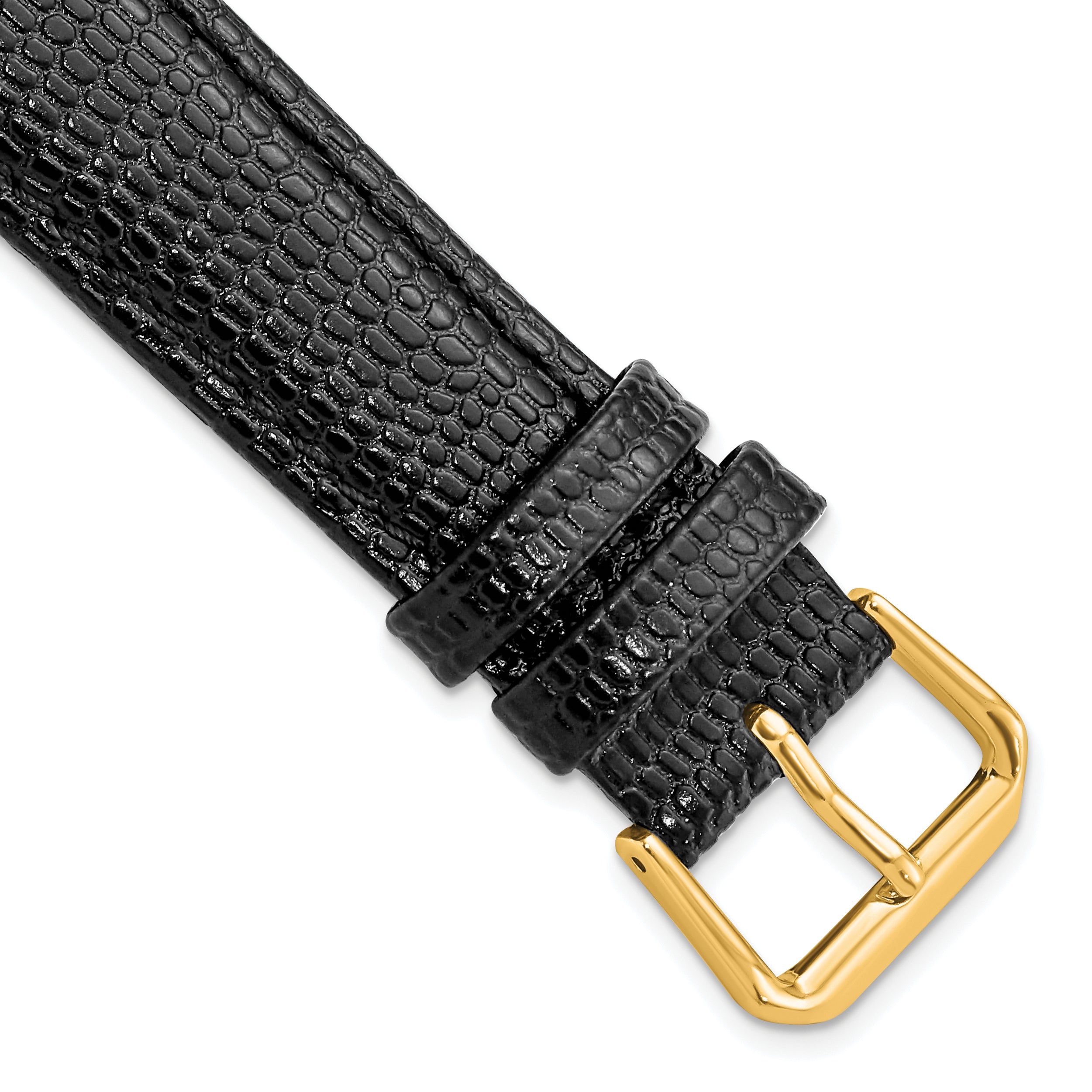 Black Lizard-Grain Leather Watch Band with Gold-Tone Buckle, 16mm