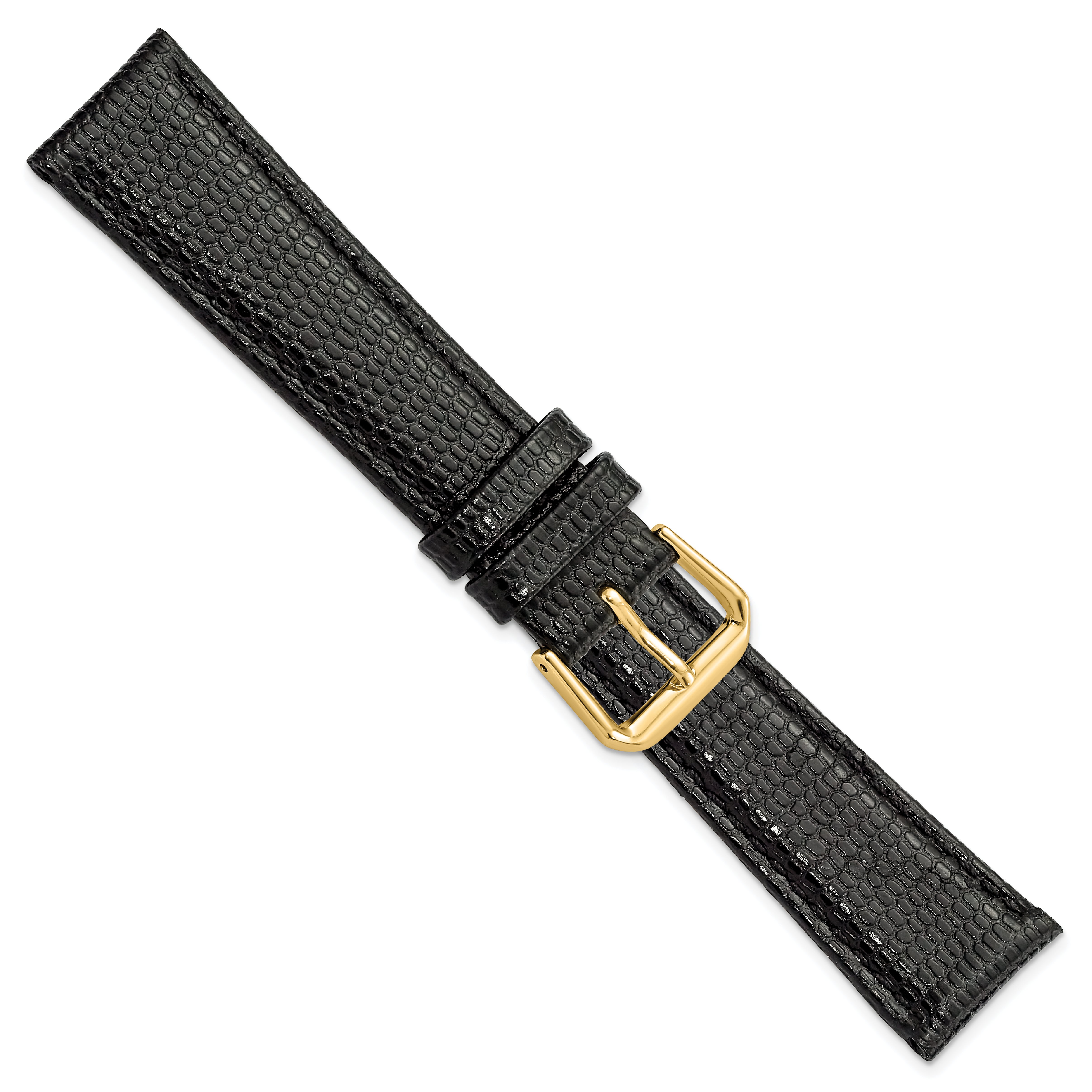 19mm Black Lizard Grain Leather with Gold-tone Buckle 7.5 inch Watch Band