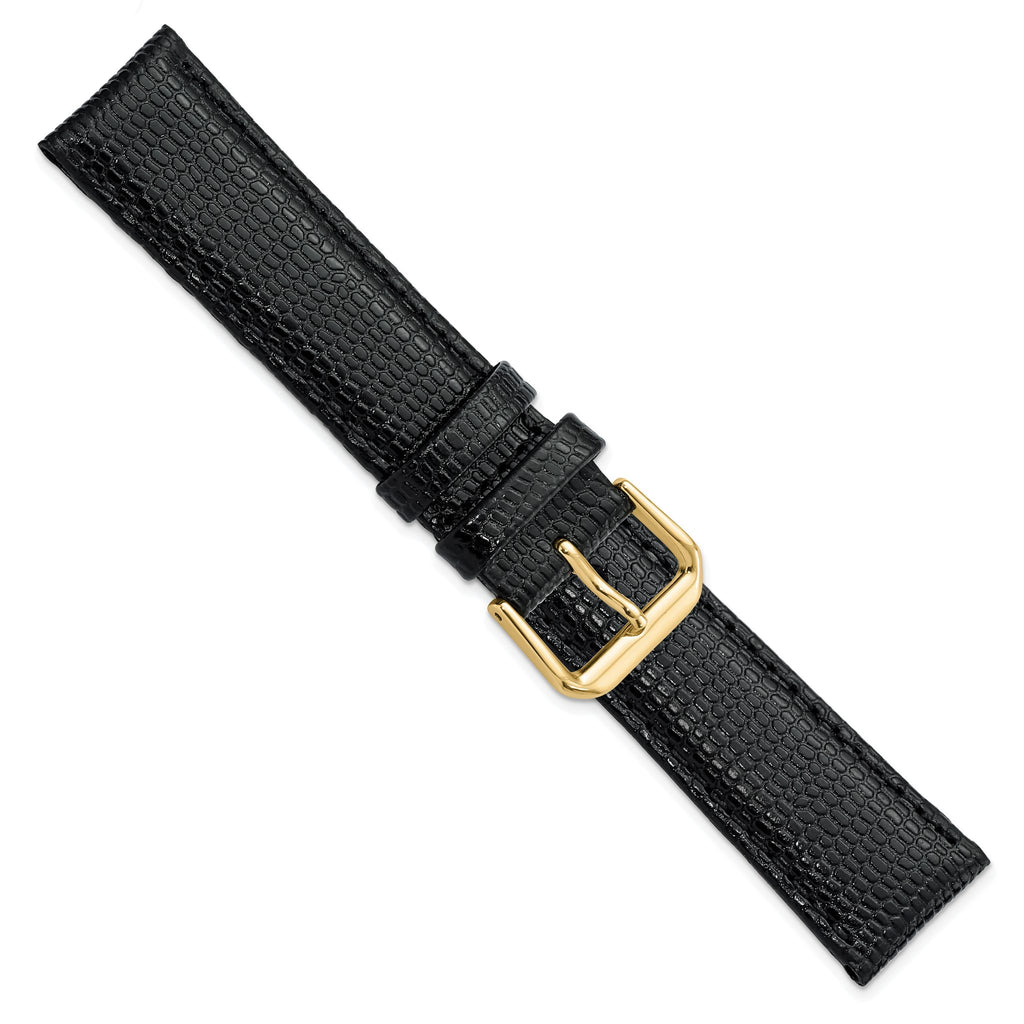 DeBeer 20mm Black Lizard Grain Leather with Gold-tone Buckle 7.5 inch Watch Band
