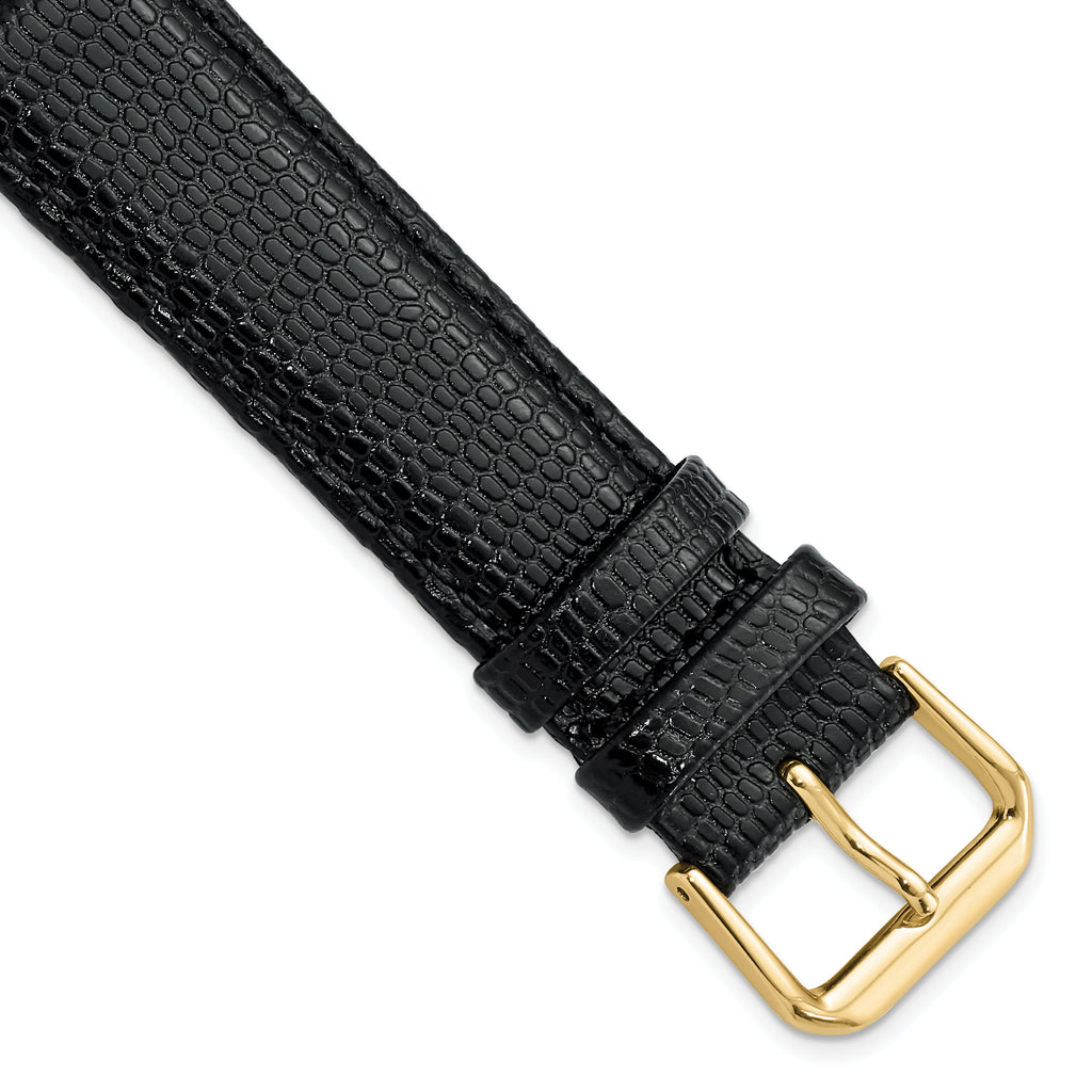 Black Lizard-Grain Leather Watch Band with Gold-Tone Buckle, 16mm