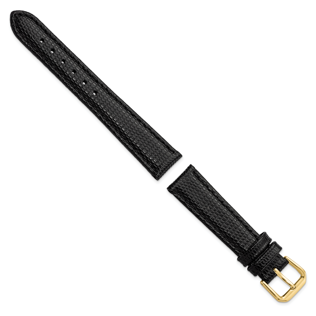 16mm Short Black Lizard Grain Leather with Gold-tone Buckle 6.75 inch Watch Band