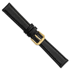 16mm Short Black Lizard Grain Leather with Gold-tone Buckle 6.75 inch Watch Band