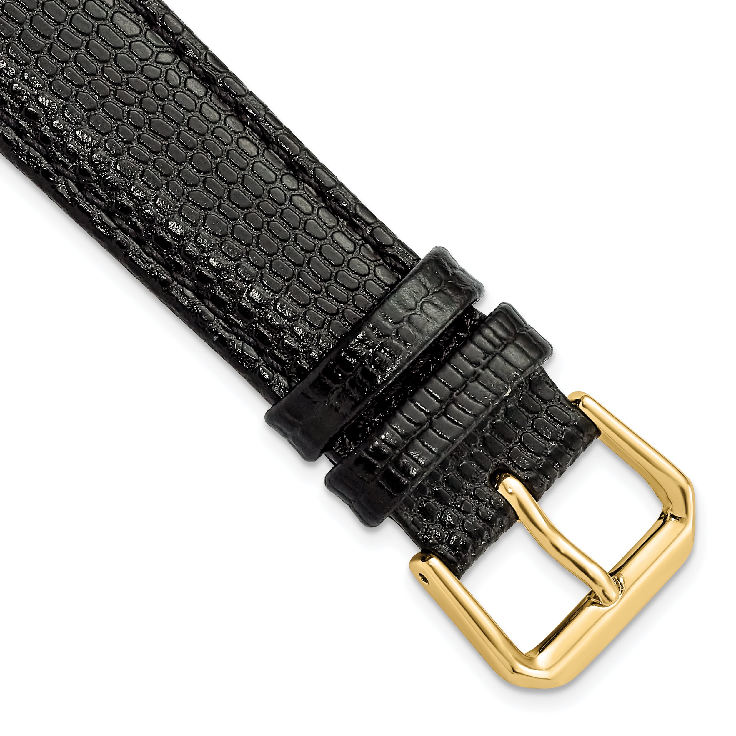 18mm Short Black Lizard Grain Leather with Gold-tone Buckle 6.75 inch Watch Band