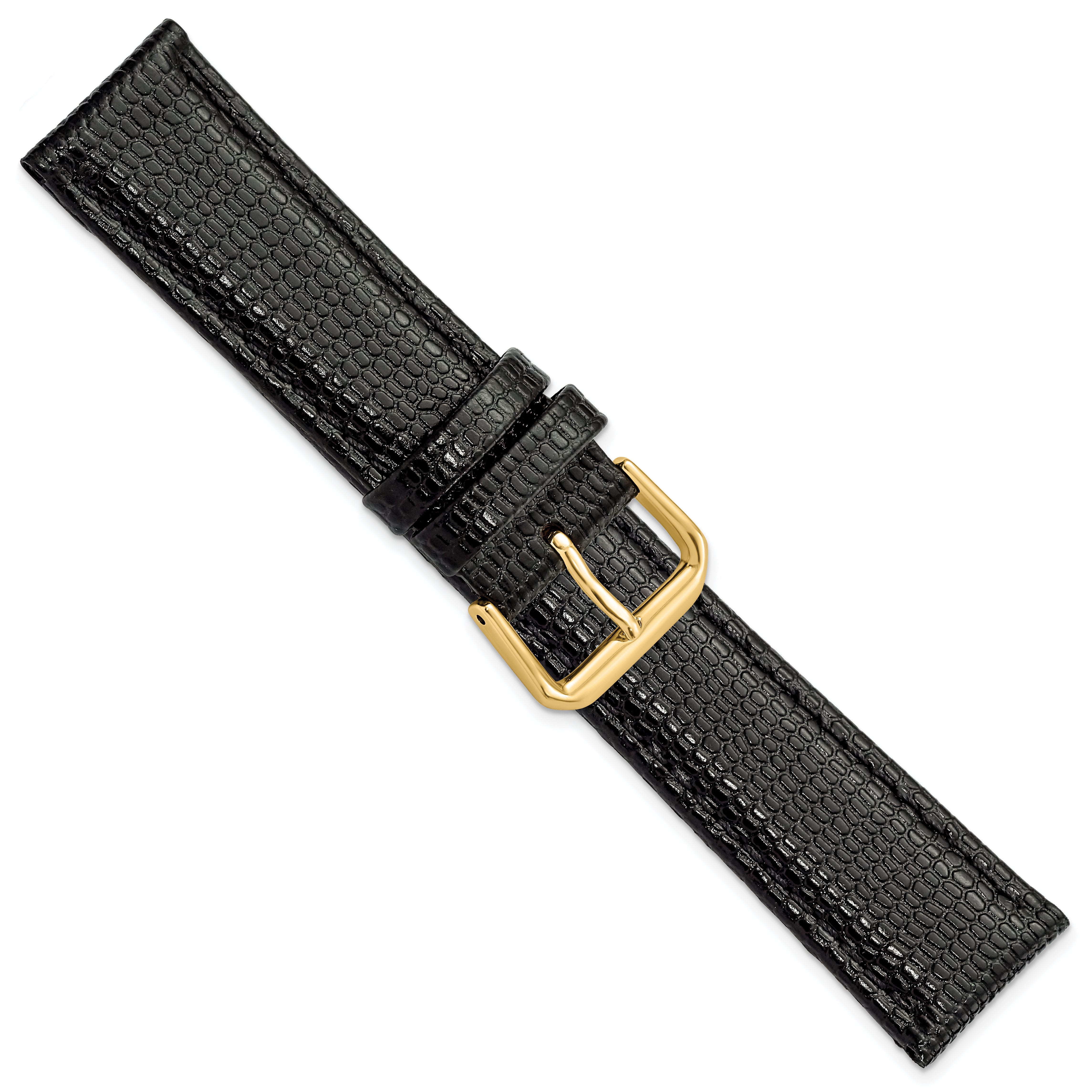 20mm Short Black Lizard Grain Leather with Gold-tone Buckle 6.75 inch Watch Band