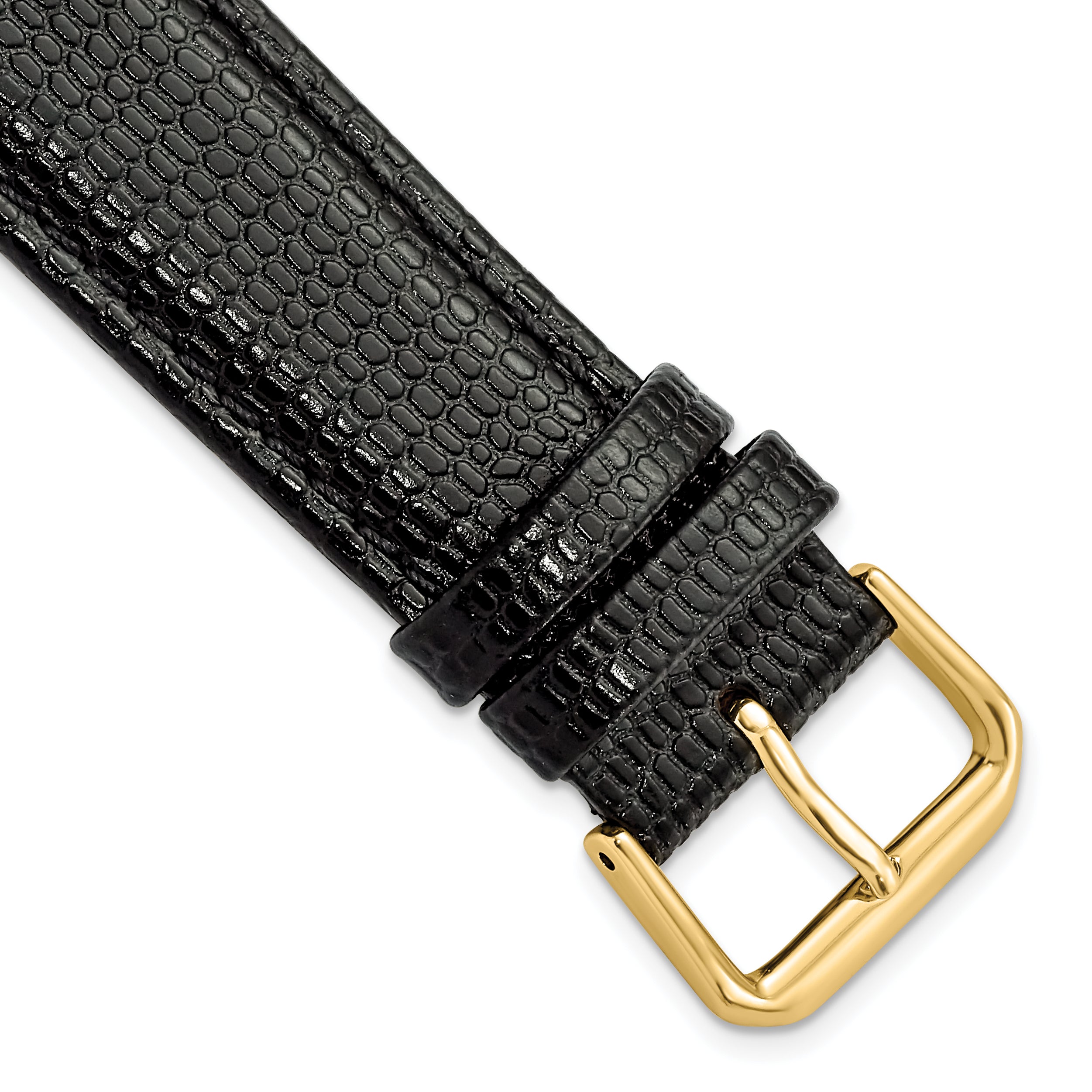 20mm Short Black Lizard Grain Leather with Gold-tone Buckle 6.75 inch Watch Band