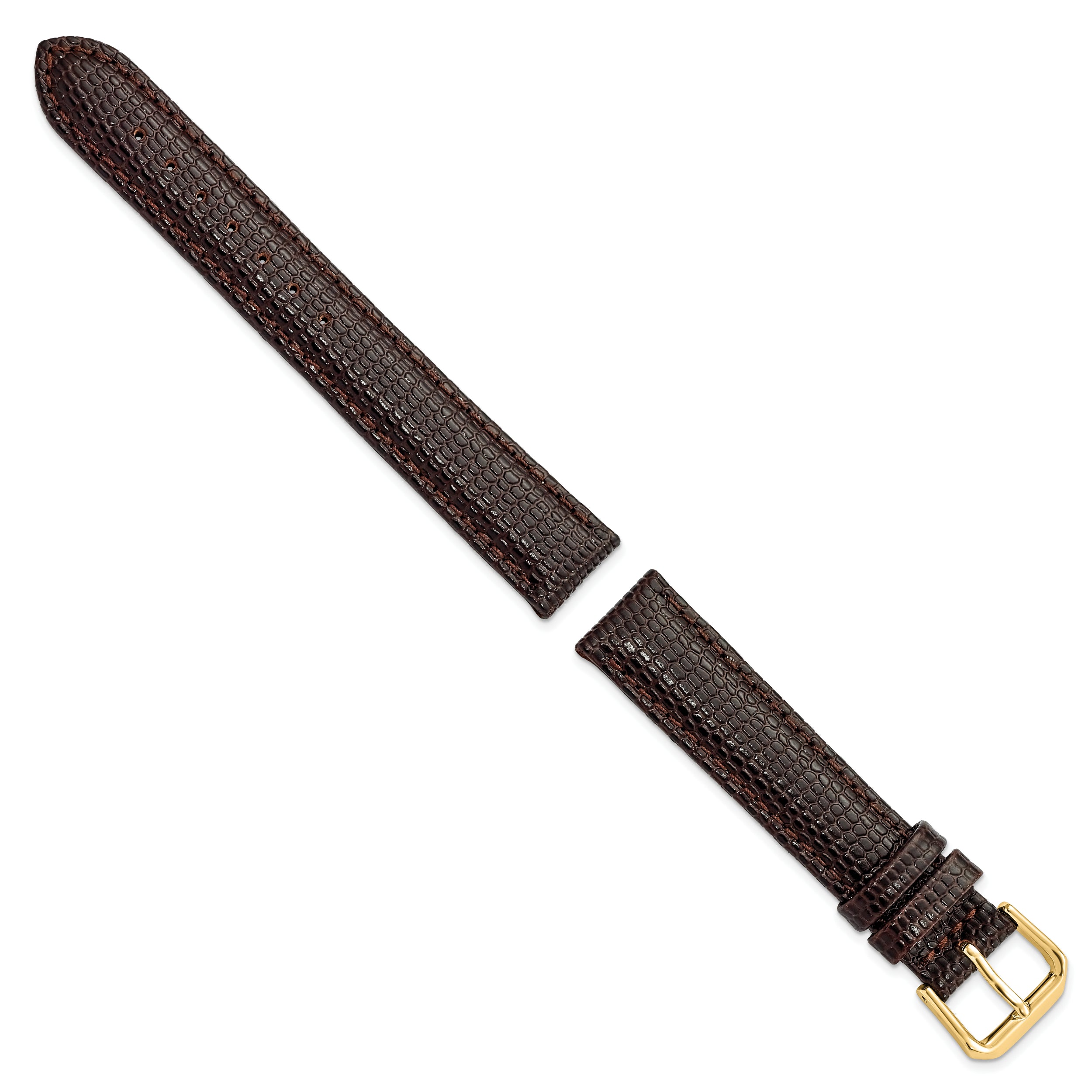 15mm Dark Brown Lizard Grain Leather with Gold-tone Buckle 7.5 inch Watch Band