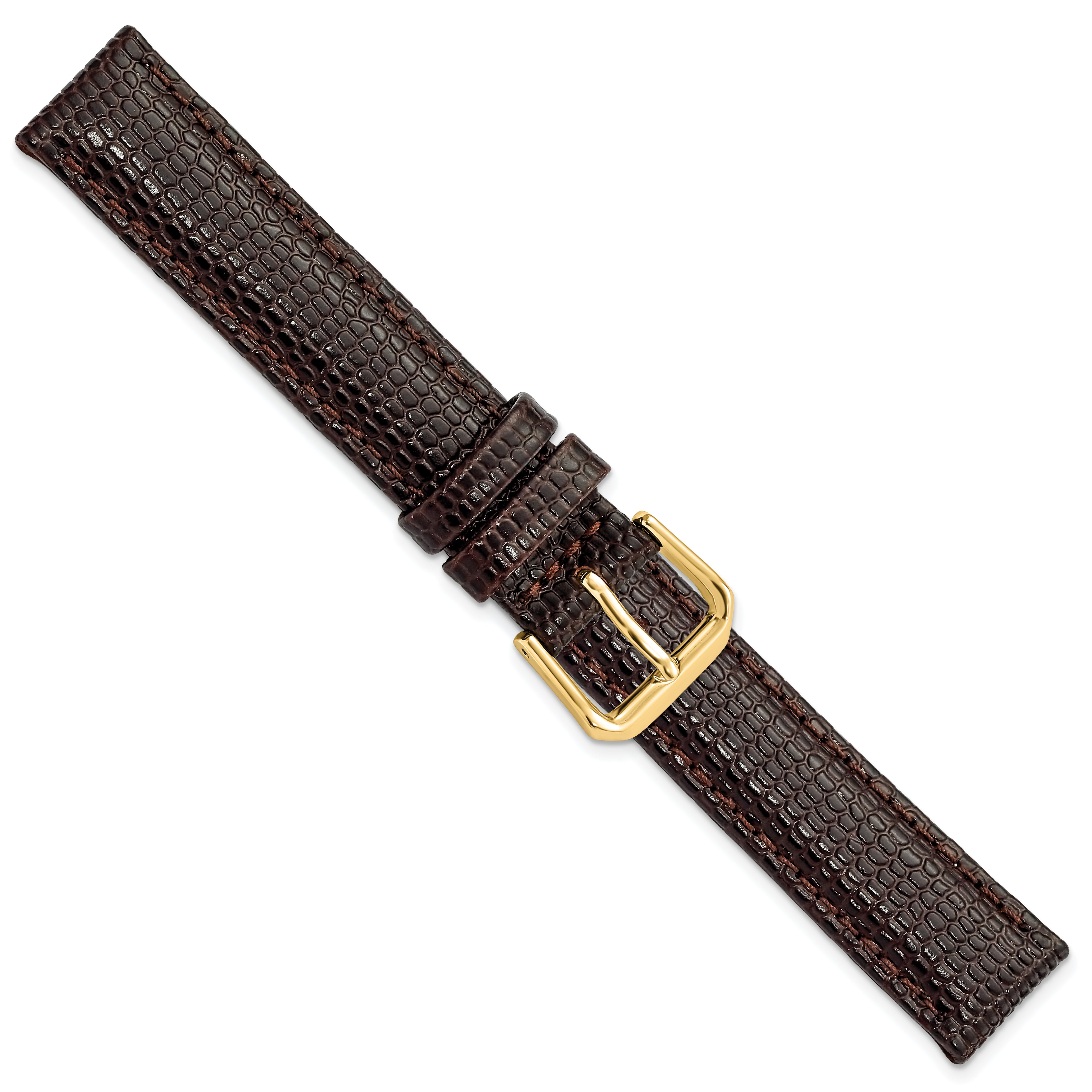 15mm Dark Brown Lizard Grain Leather with Gold-tone Buckle 7.5 inch Watch Band