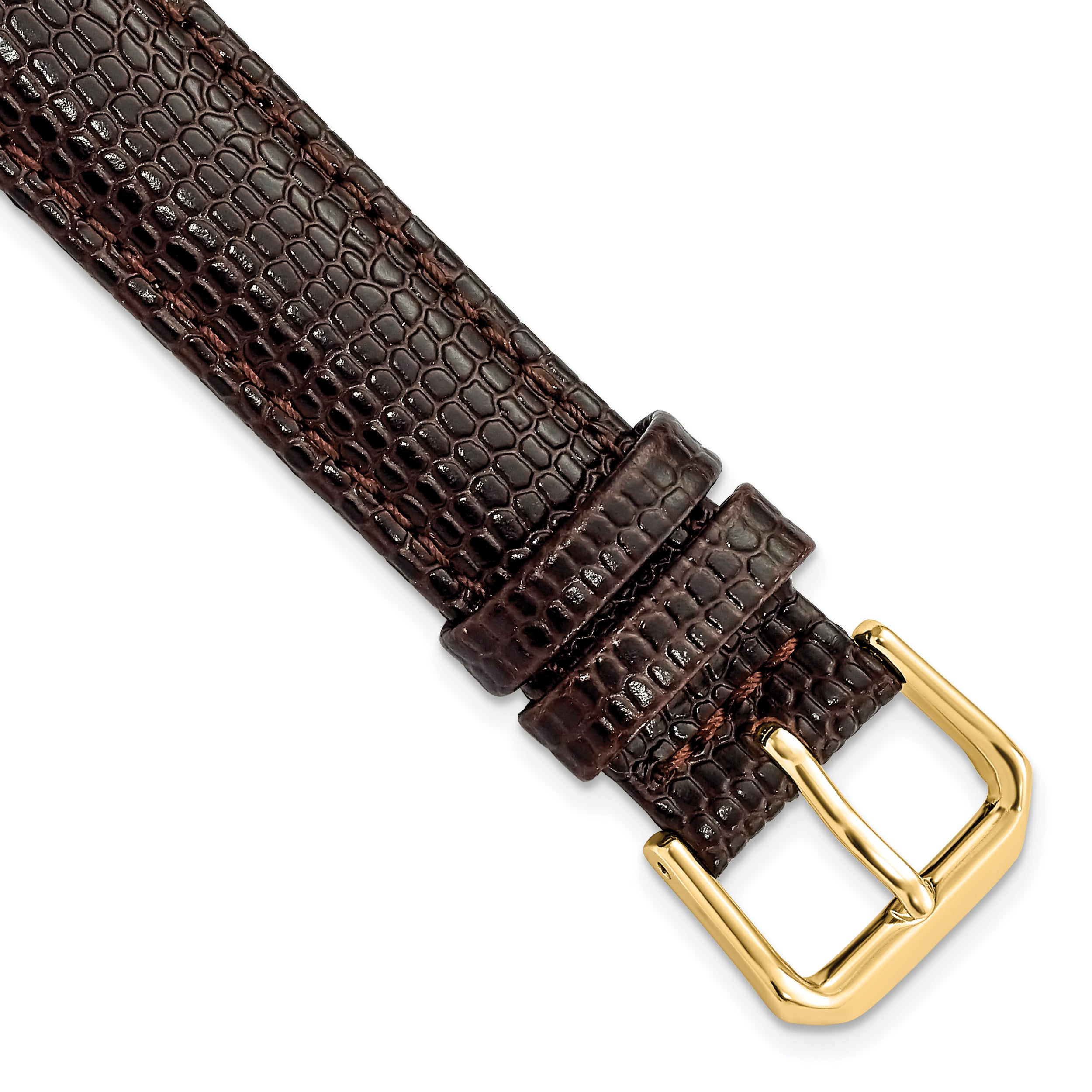 15mm Dark Brown Lizard Grain Leather with Gold-tone Buckle 7.5 inch Watch Band