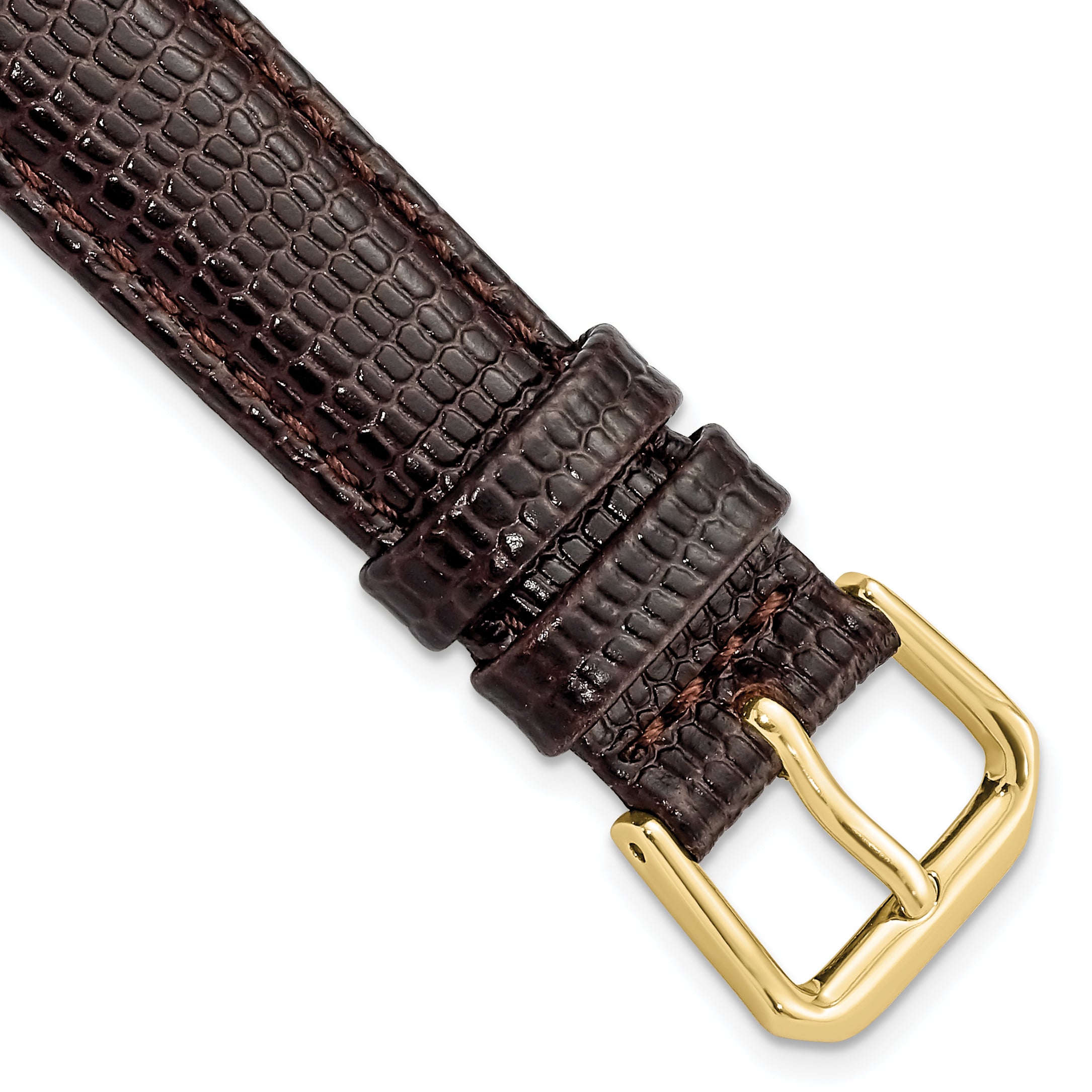 16mm Dark Brown Lizard Grain Leather with Gold-tone Buckle 7.5 inch Watch Band