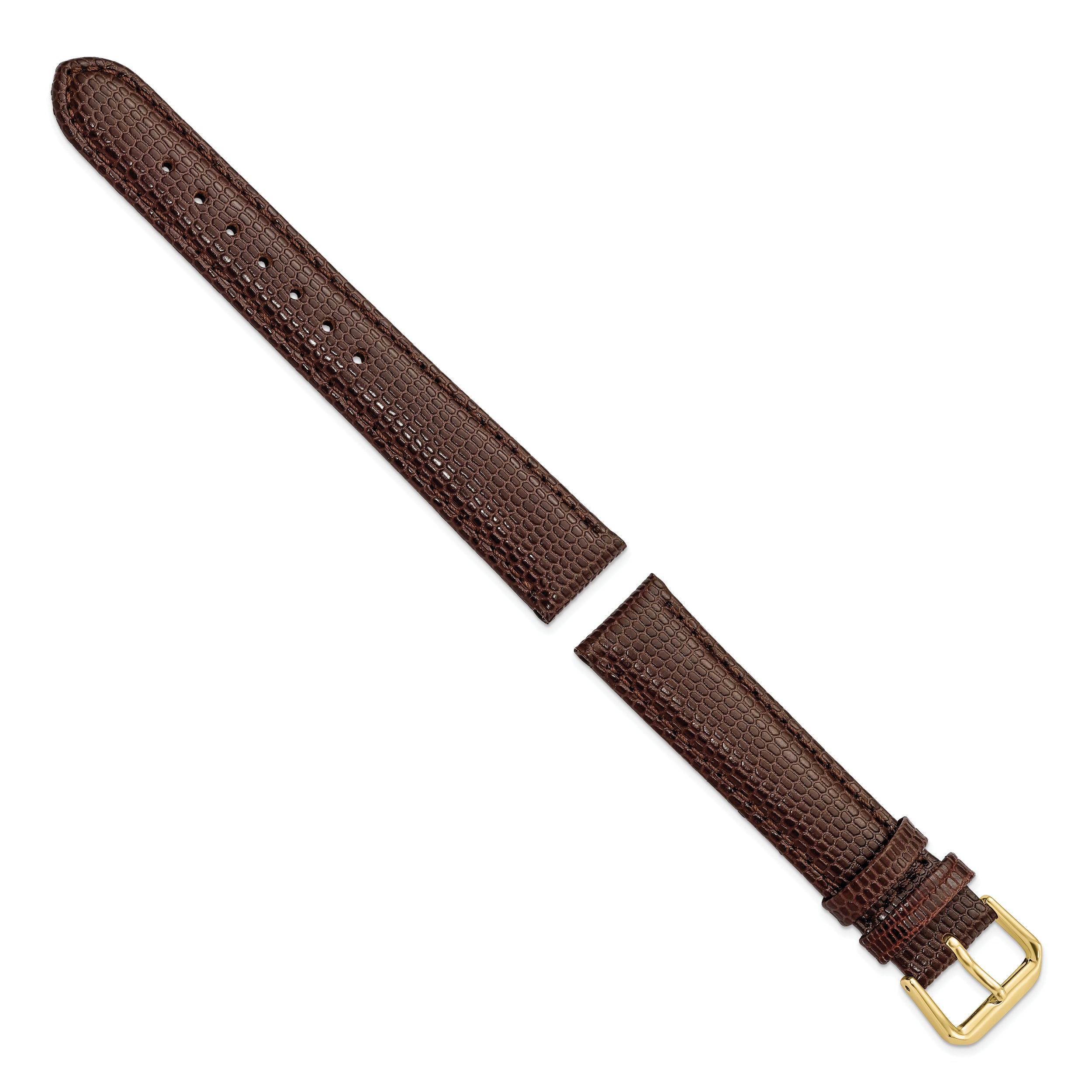 17mm Dark Brown Lizard Grain Leather with Gold-tone Buckle 7.5 inch Watch Band