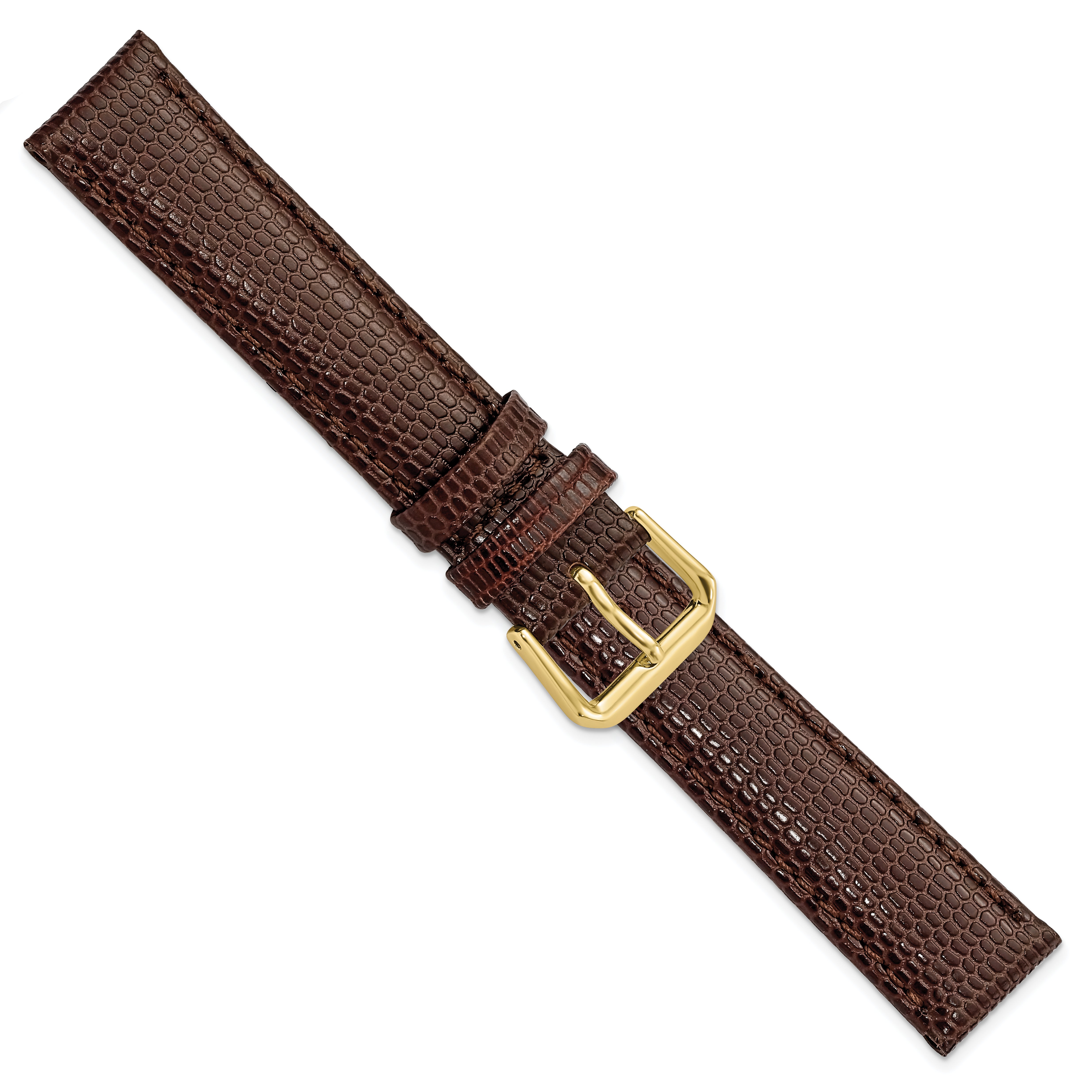 17mm Dark Brown Lizard Grain Leather with Gold-tone Buckle 7.5 inch Watch Band