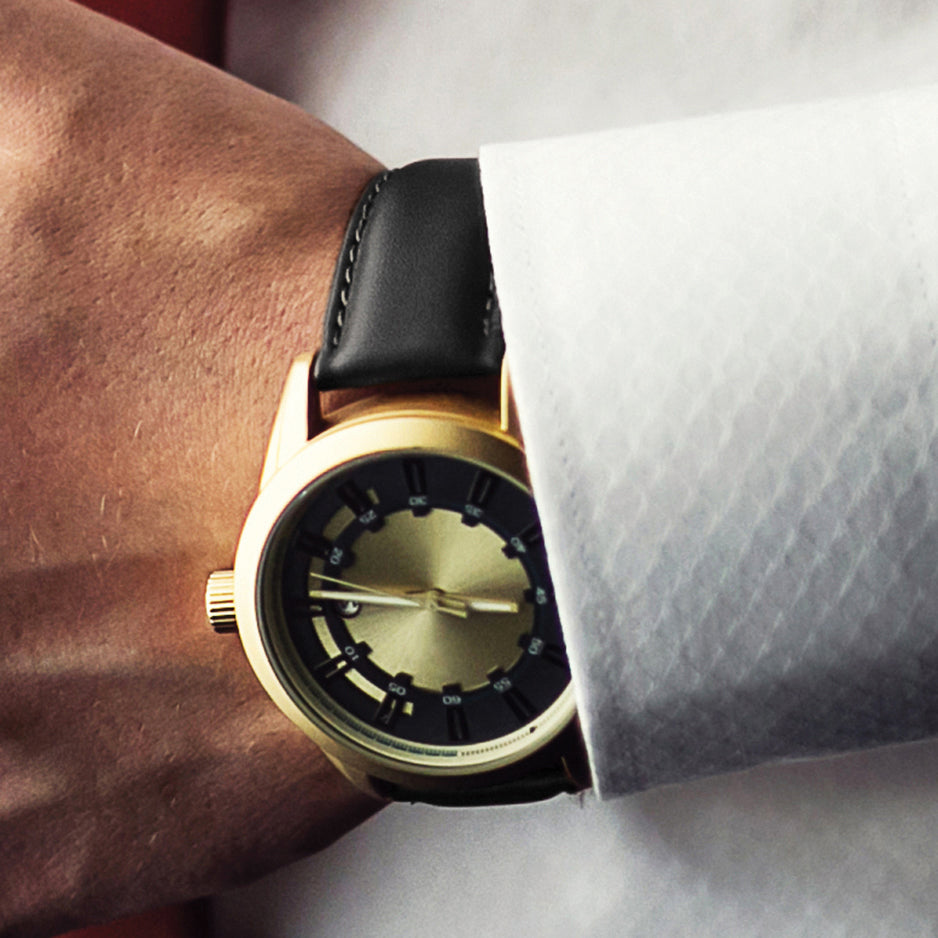 15mm Black Leather with Gold-tone Buckle 7.5 inch Watch Band