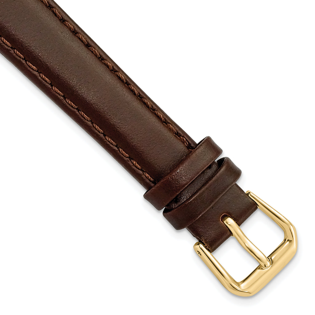 Dark Brown Leather Watch Band in 14mm with Gold-Tone Buckle