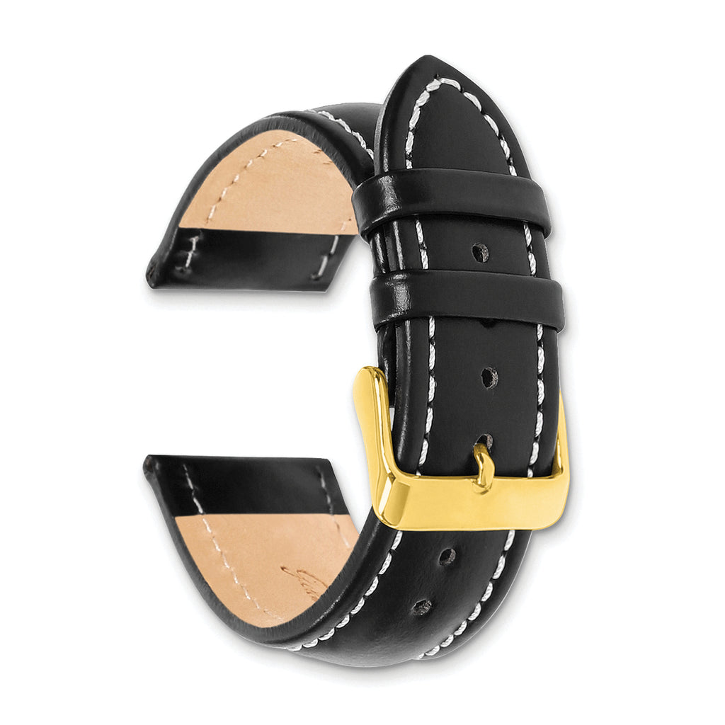 18mm Long Black Oil-tanned Leather with White Stitching and Gold-tone Buckle 8.25 inch Watch Band