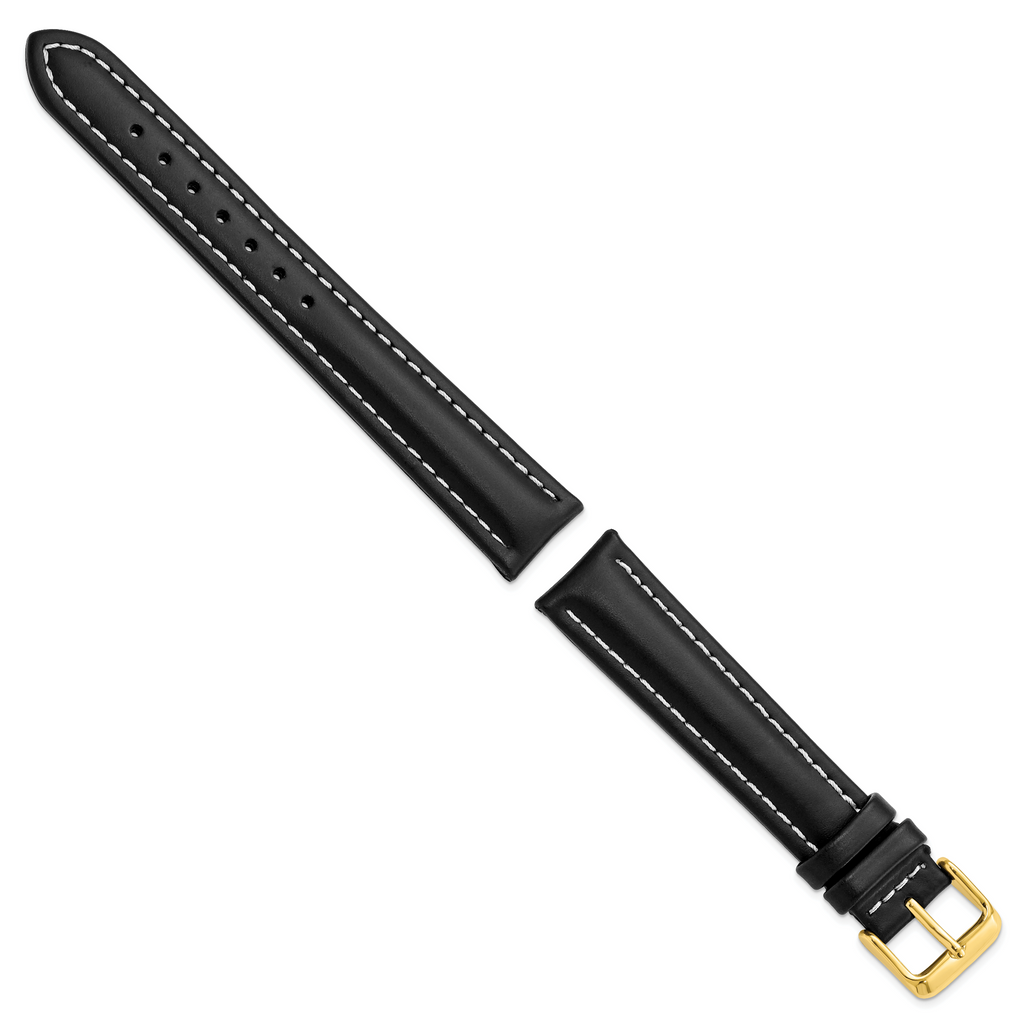 18mm Long Black Oil-tanned Leather with White Stitching and Gold-tone Buckle 8.25 inch Watch Band