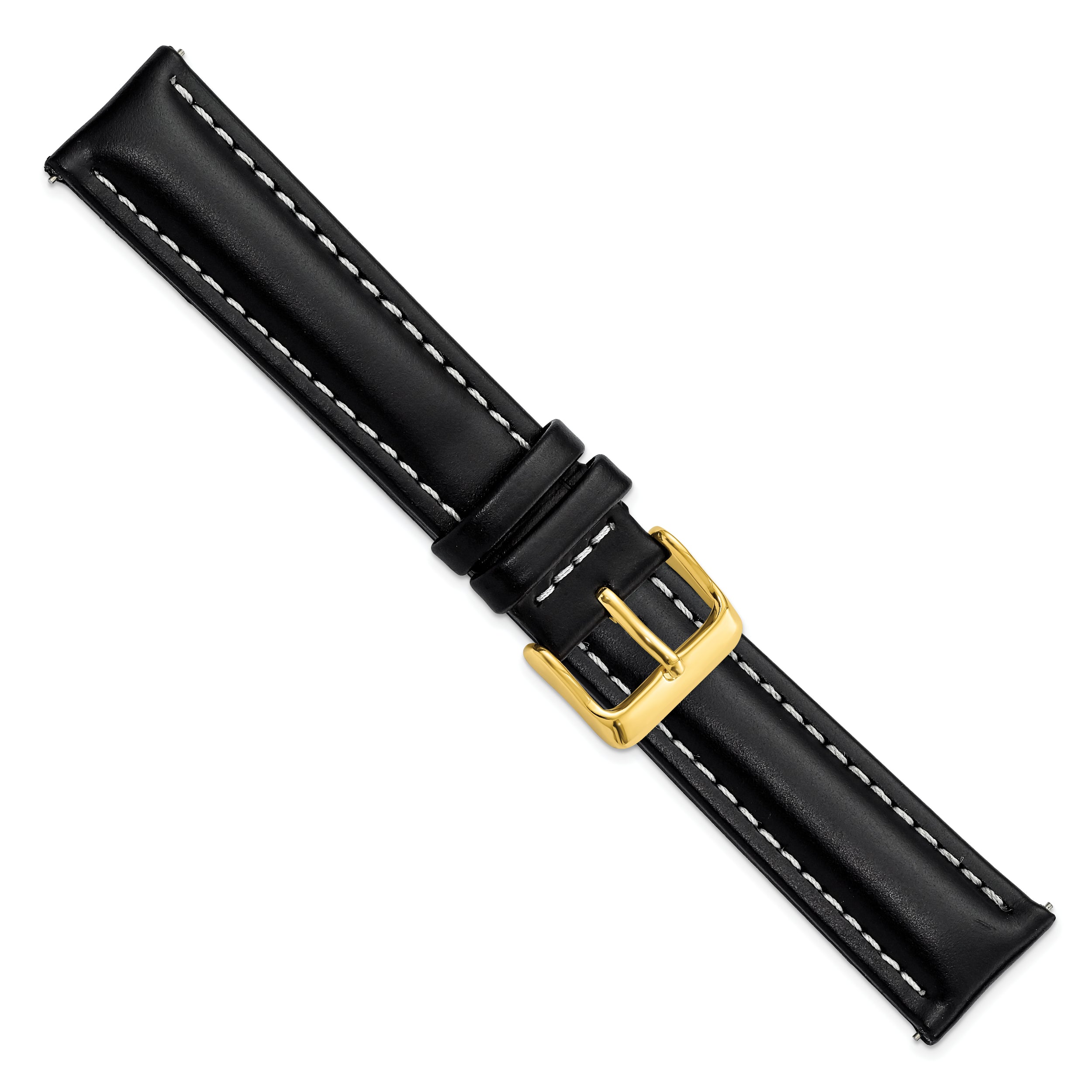 20mm Long Black Oil-tanned Leather with White Stitching and Gold-tone Buckle 8.25 inch Watch Band