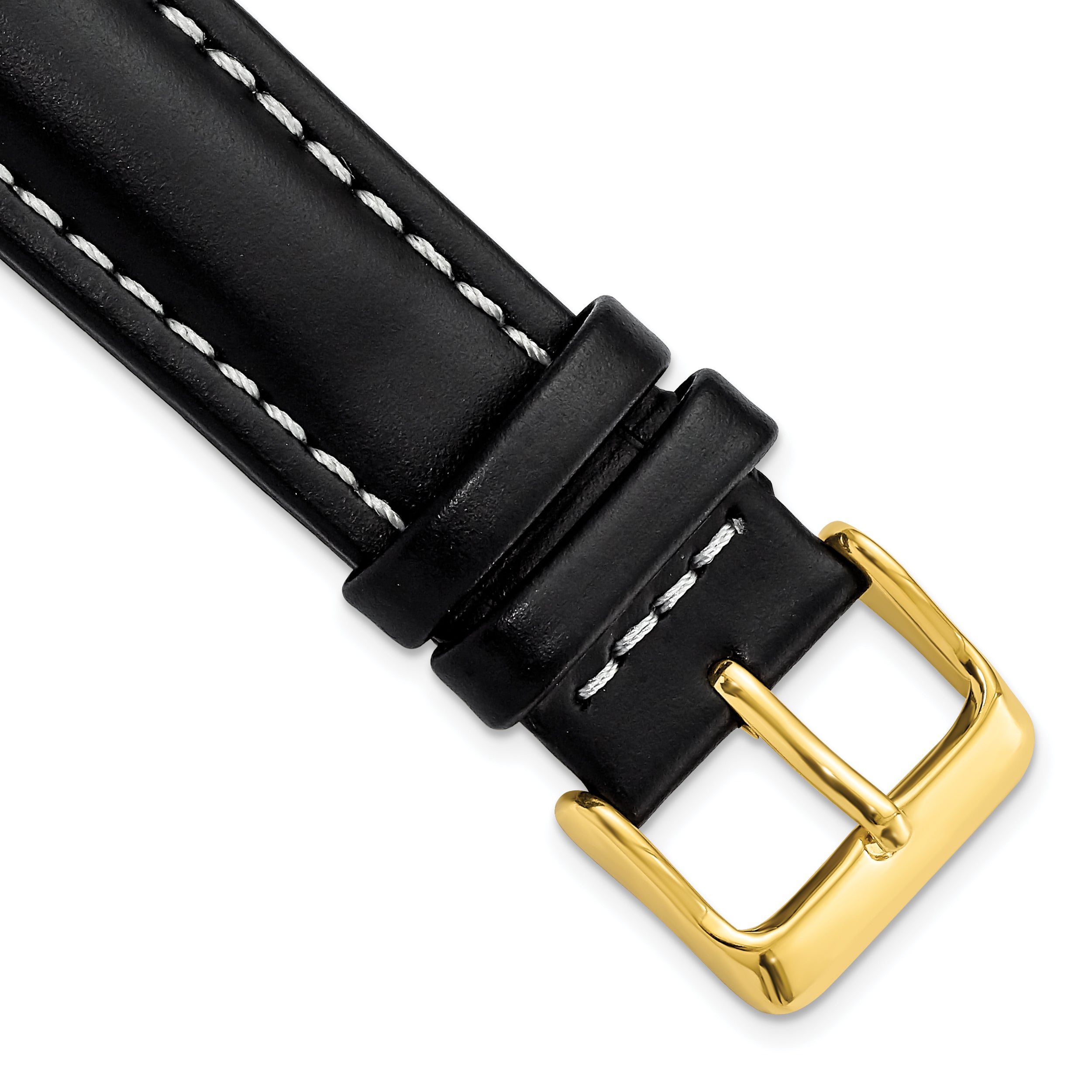 20mm Long Black Oil-tanned Leather with White Stitching and Gold-tone Buckle 8.25 inch Watch Band