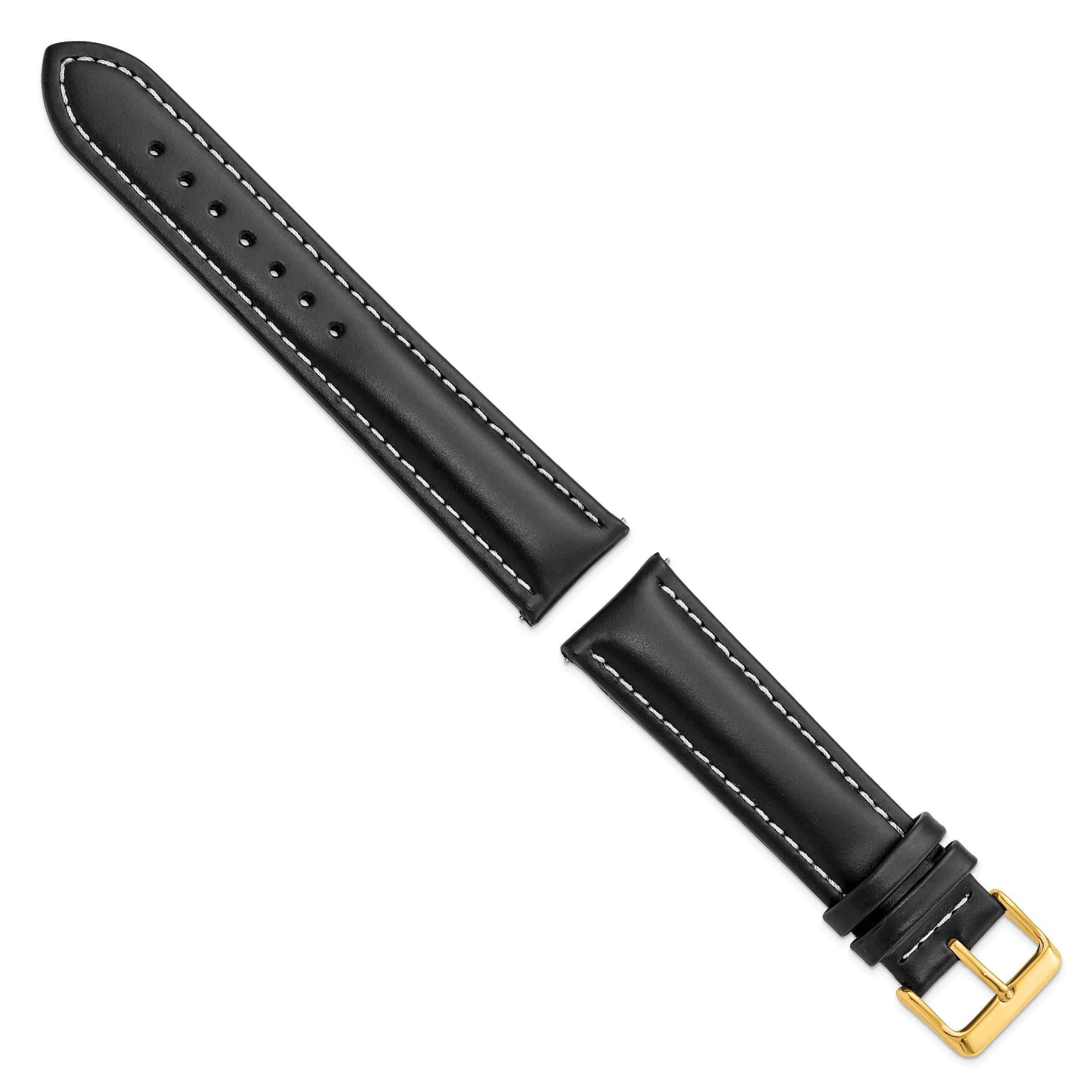 22mm Long Black Oil-tanned Leather with White Stitching and Gold-tone Buckle 8.25 inch Watch Band