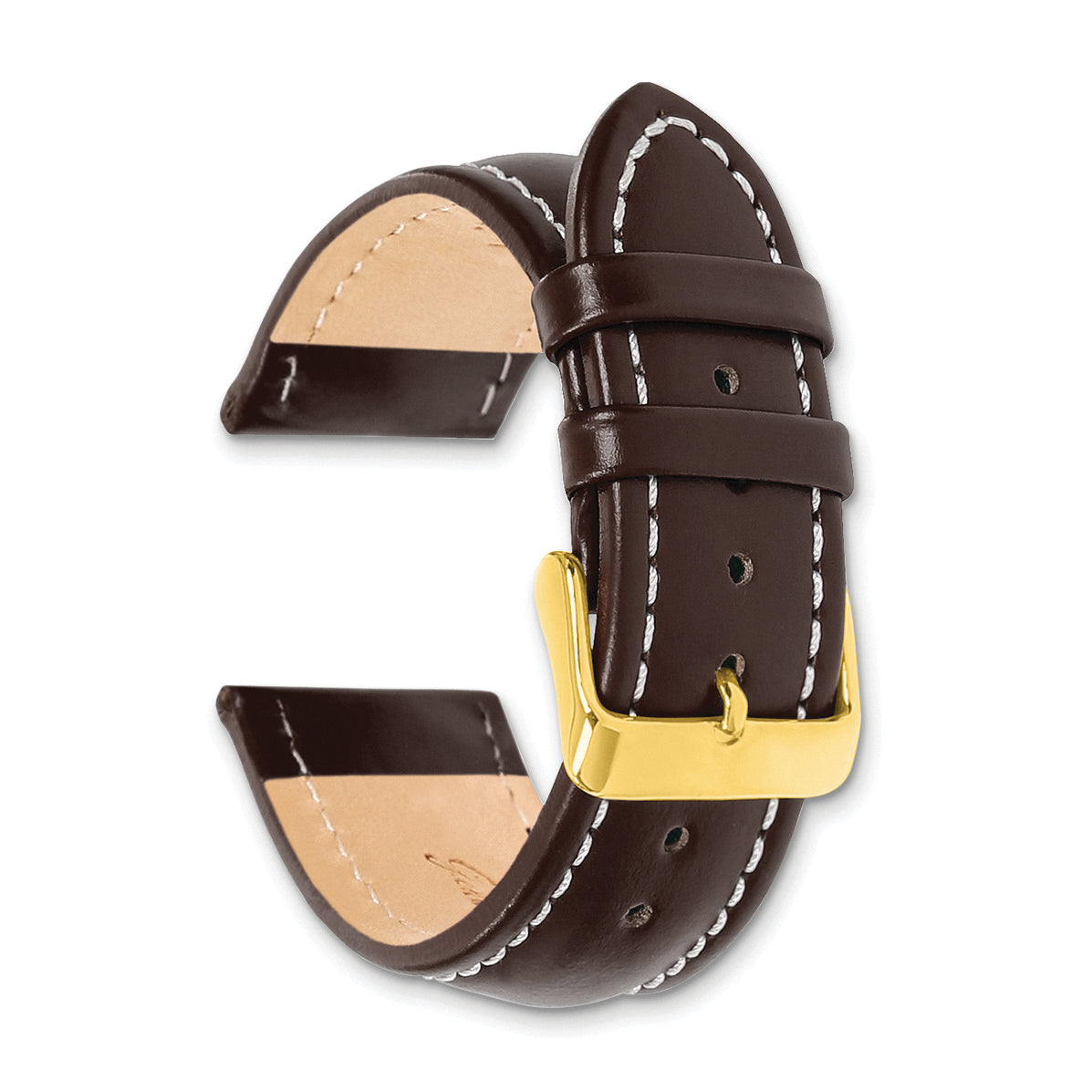 18mm Long Dark Brown Oil-tanned Leather with White Stitching and Gold-tone Buckle 8.25 inch Watch Band
