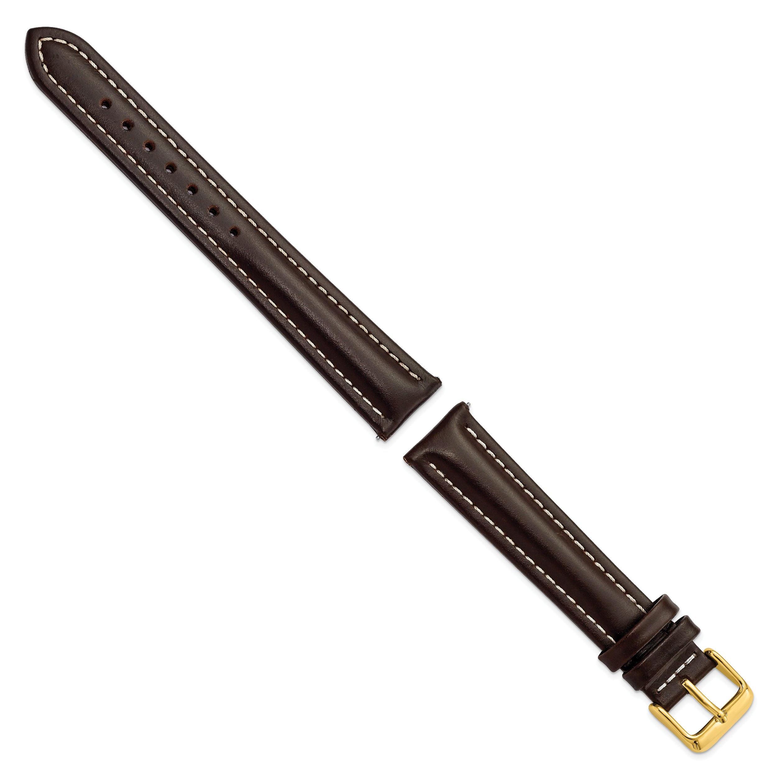18mm Long Dark Brown Oil-tanned Leather with White Stitching and Gold-tone Buckle 8.25 inch Watch Band