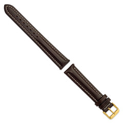 18mm Long Dark Brown Oil-tanned Leather with White Stitching and Gold-tone Buckle 8.25 inch Watch Band