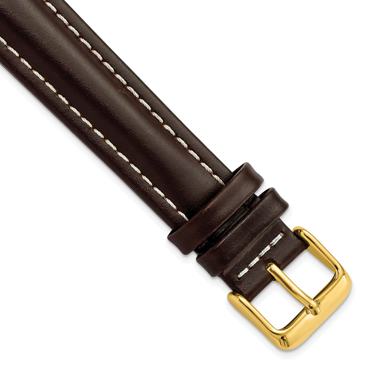 18mm Long Dark Brown Oil-tanned Leather with White Stitching and Gold-tone Buckle 8.25 inch Watch Band