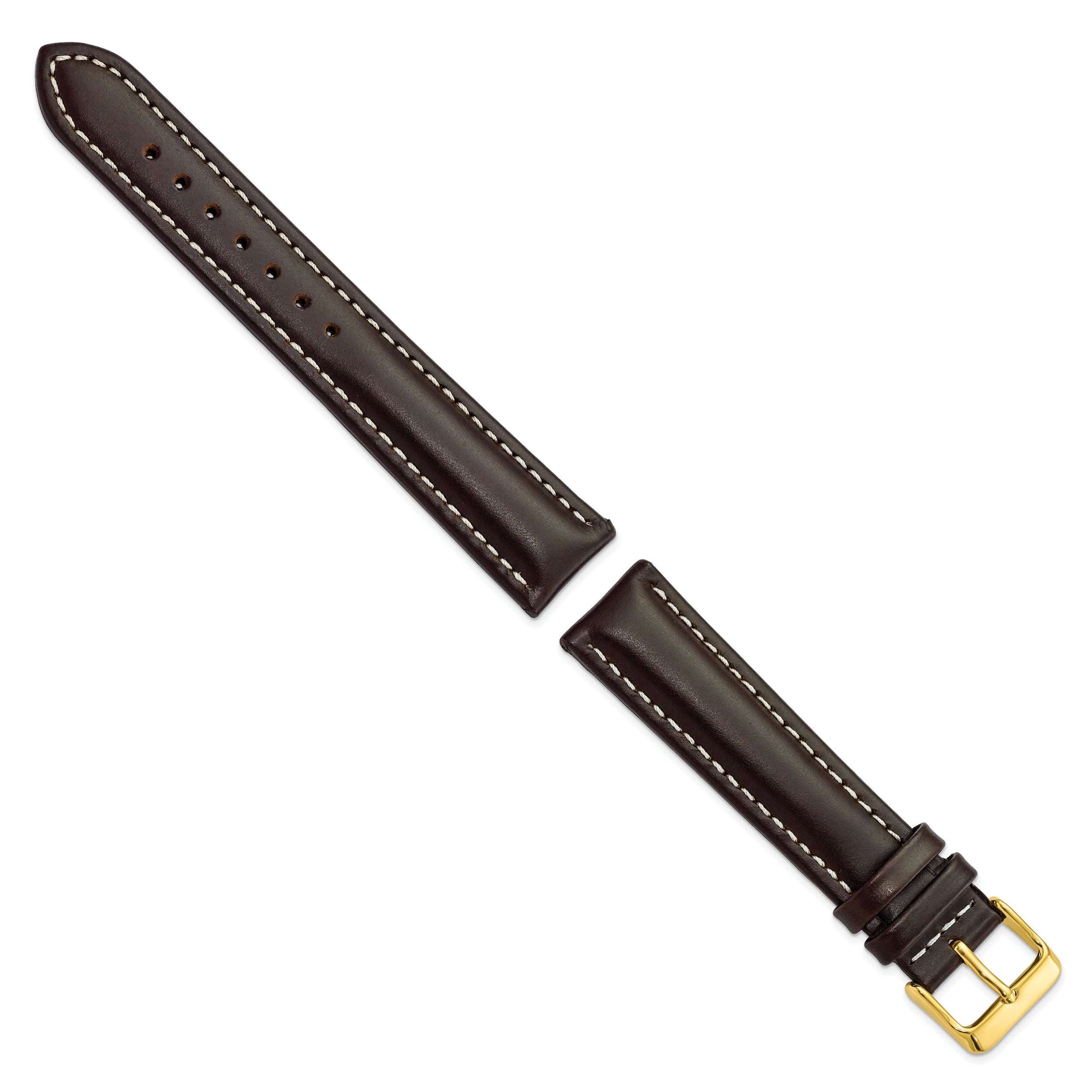 20mm Long Dark Brown Oil-tanned Leather with White Stitching and Gold-tone Buckle 8.25 inch Watch Band