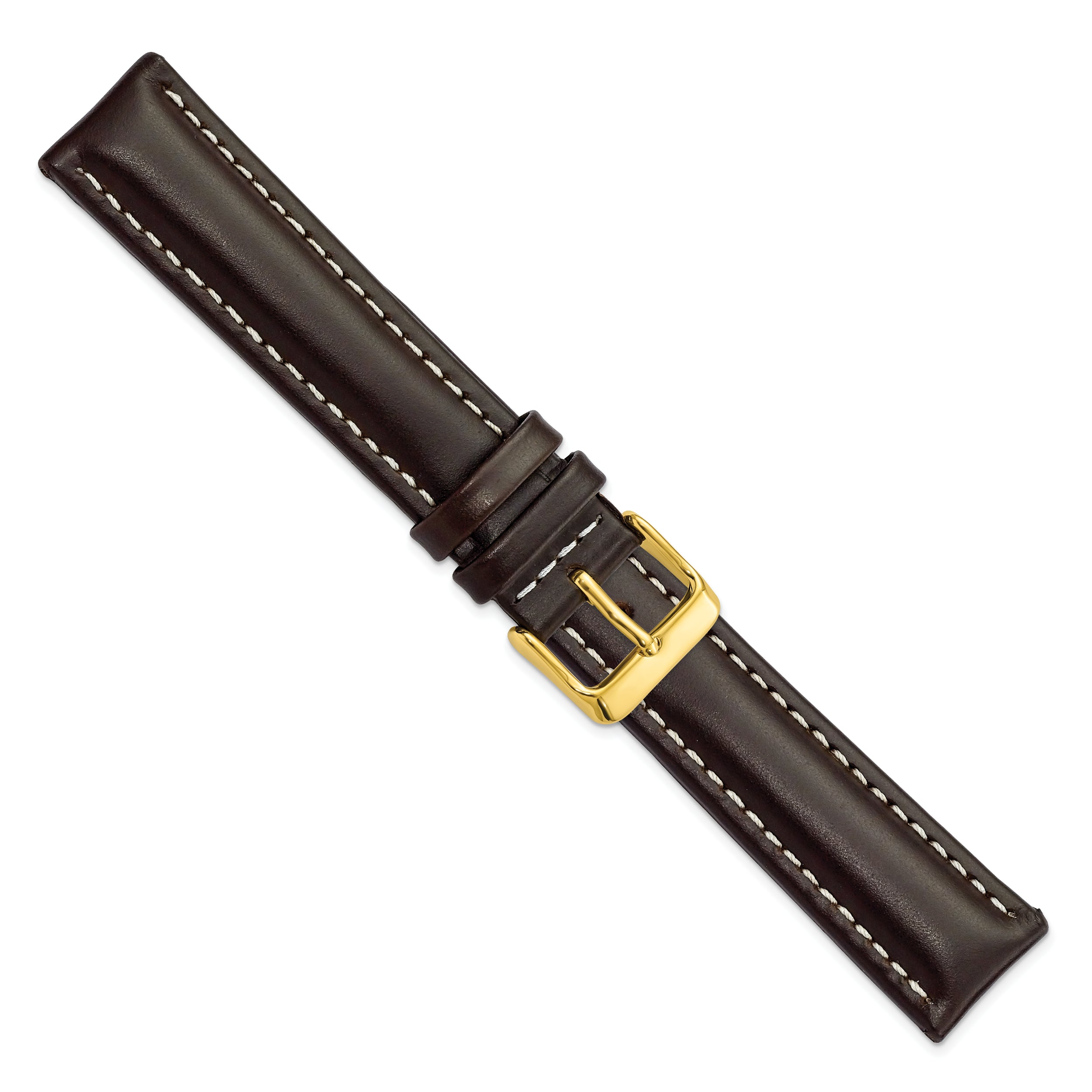 20mm Long Dark Brown Oil-tanned Leather with White Stitching and Gold-tone Buckle 8.25 inch Watch Band