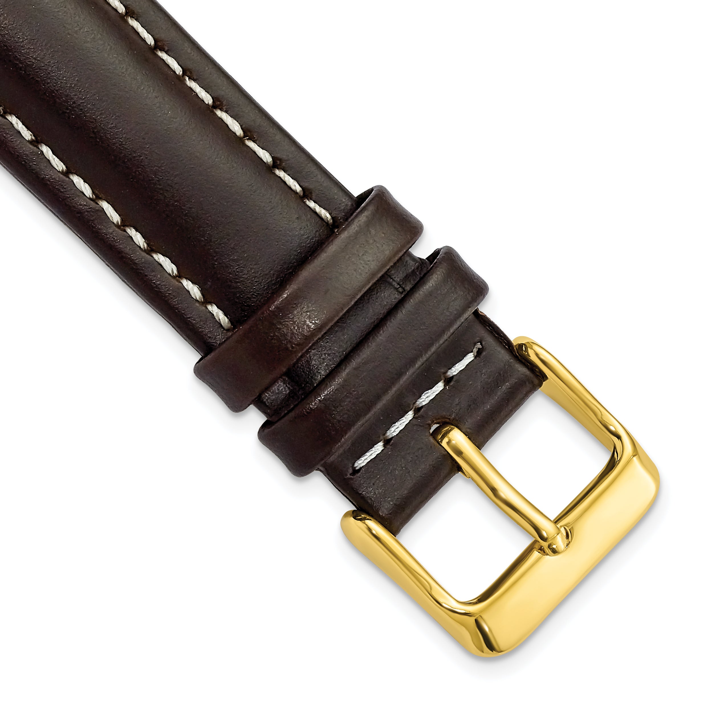 20mm Long Dark Brown Oil-tanned Leather with White Stitching and Gold-tone Buckle 8.25 inch Watch Band