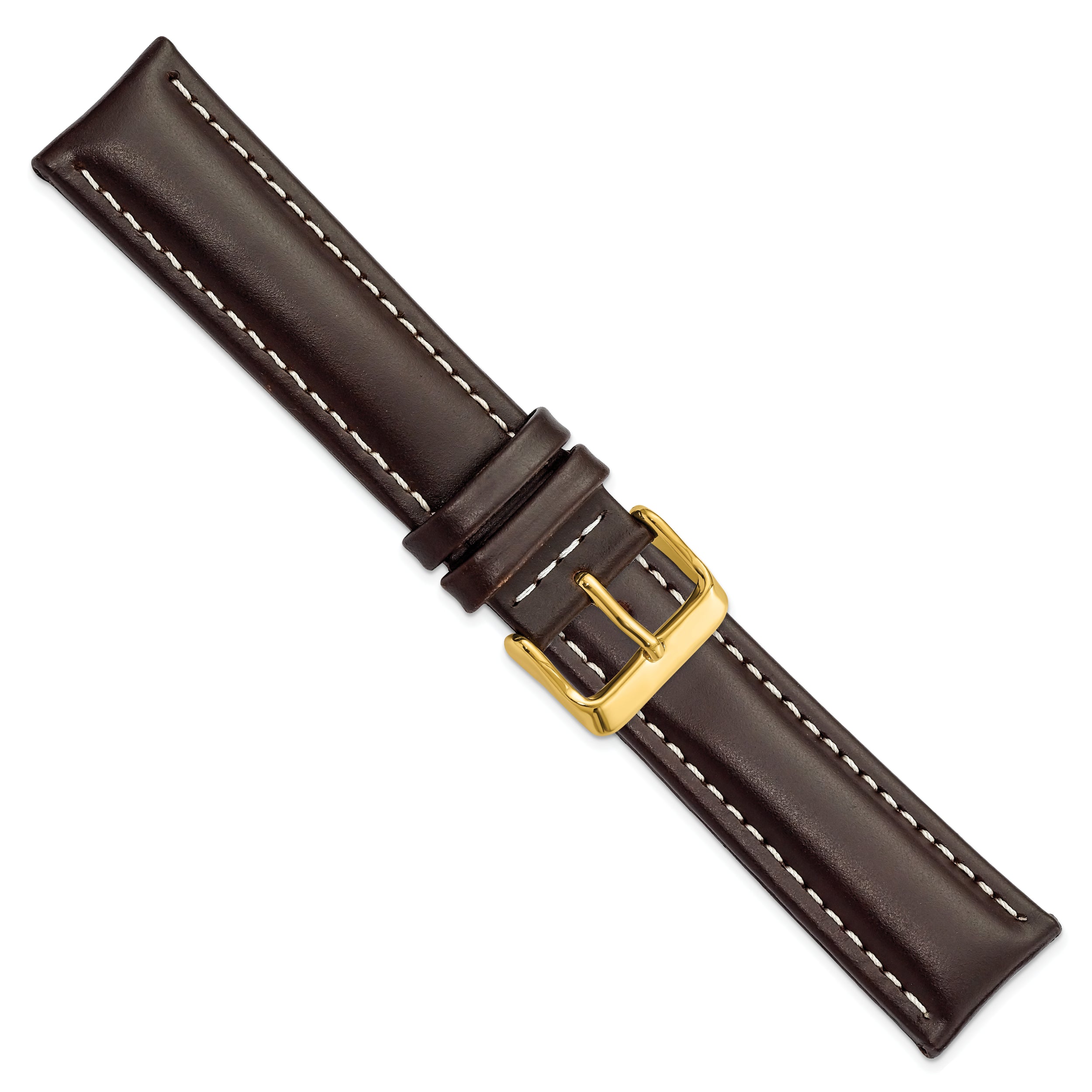 22mm Long Dark Brown Oil-tanned Leather with White Stitching and Gold-tone Buckle 8.25 inch Watch Band