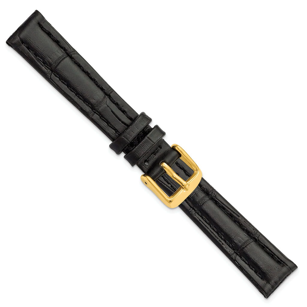 14mm Black Matte Alligator Grain Leather with Gold-tone Buckle 6.75 inch Watch Band - Sophia Jewelers