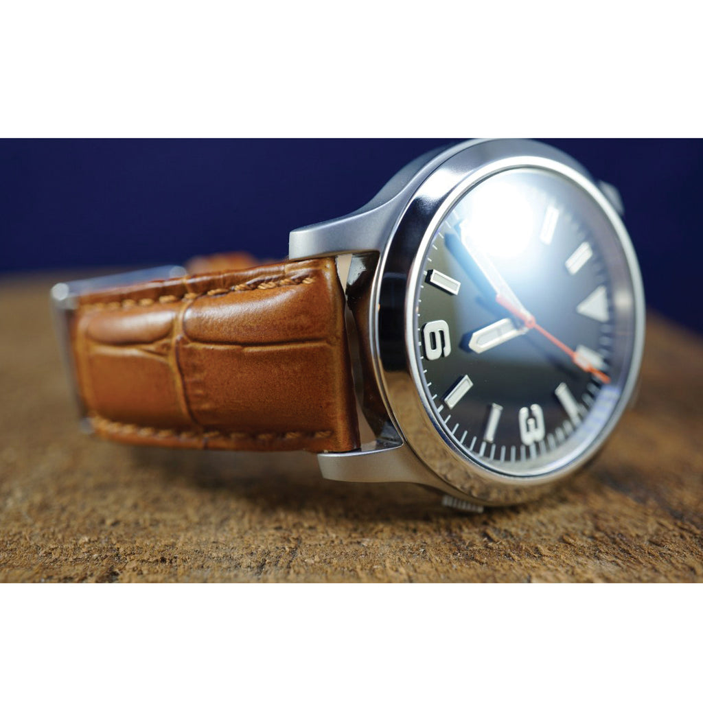 16mm Havana Matte Alligator Grain Leather with Gold-tone Buckle 7.5 inch Watch Band - Sophia Jewelers
