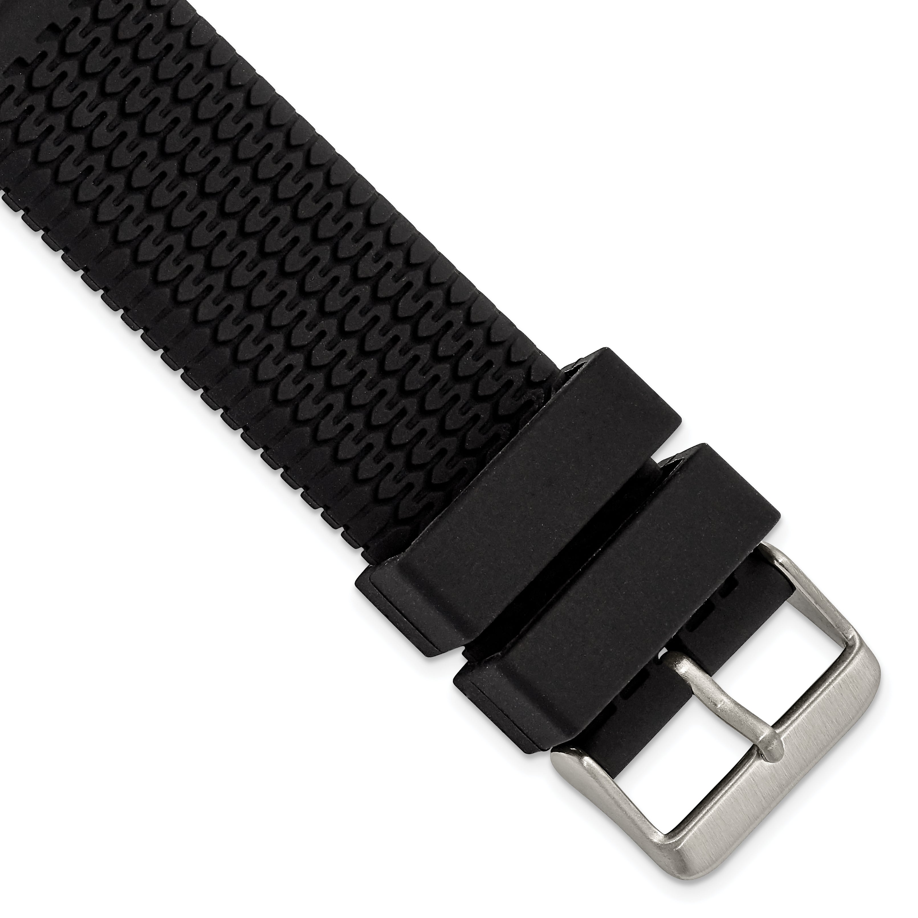 18mm Black Tread Silicone Rubber with Brushed Stainless Steel Buckle 7.75 inch Watch Band