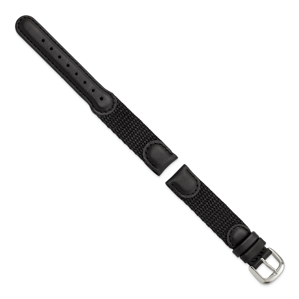 16mm Black Army Style Nylon and Leather with Stainless Steel Buckle and Quick Release Spring Bars 7.75 inch Watch Band