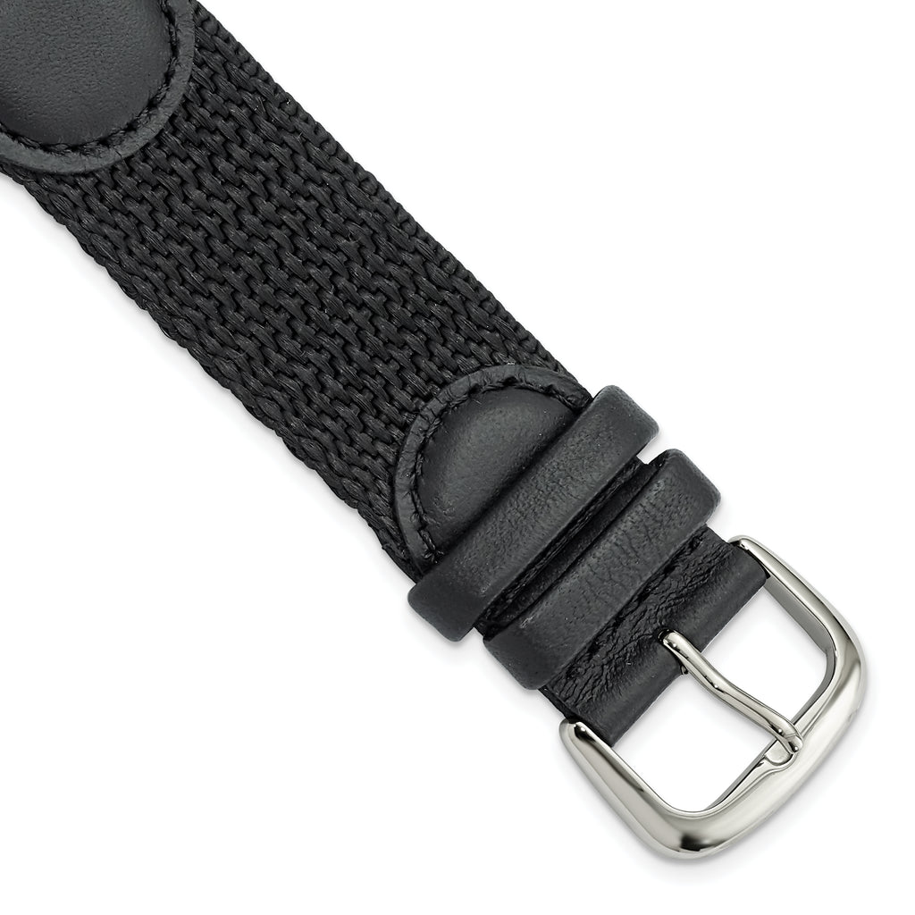 16mm Black Army Style Nylon and Leather with Stainless Steel Buckle and Quick Release Spring Bars 7.75 inch Watch Band