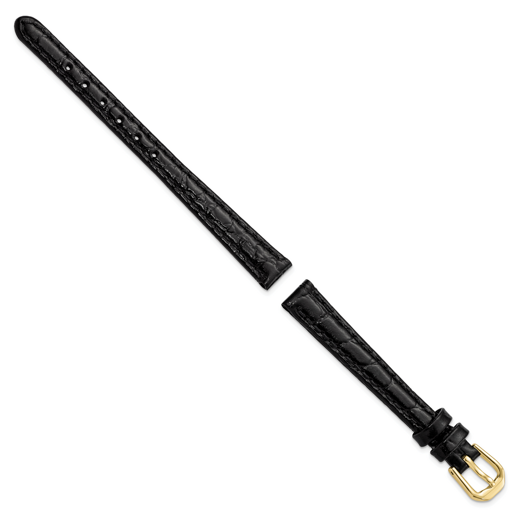 10mm Black Alligator Grain Leather with Gold-tone Buckle 6.75 inch Watch Band