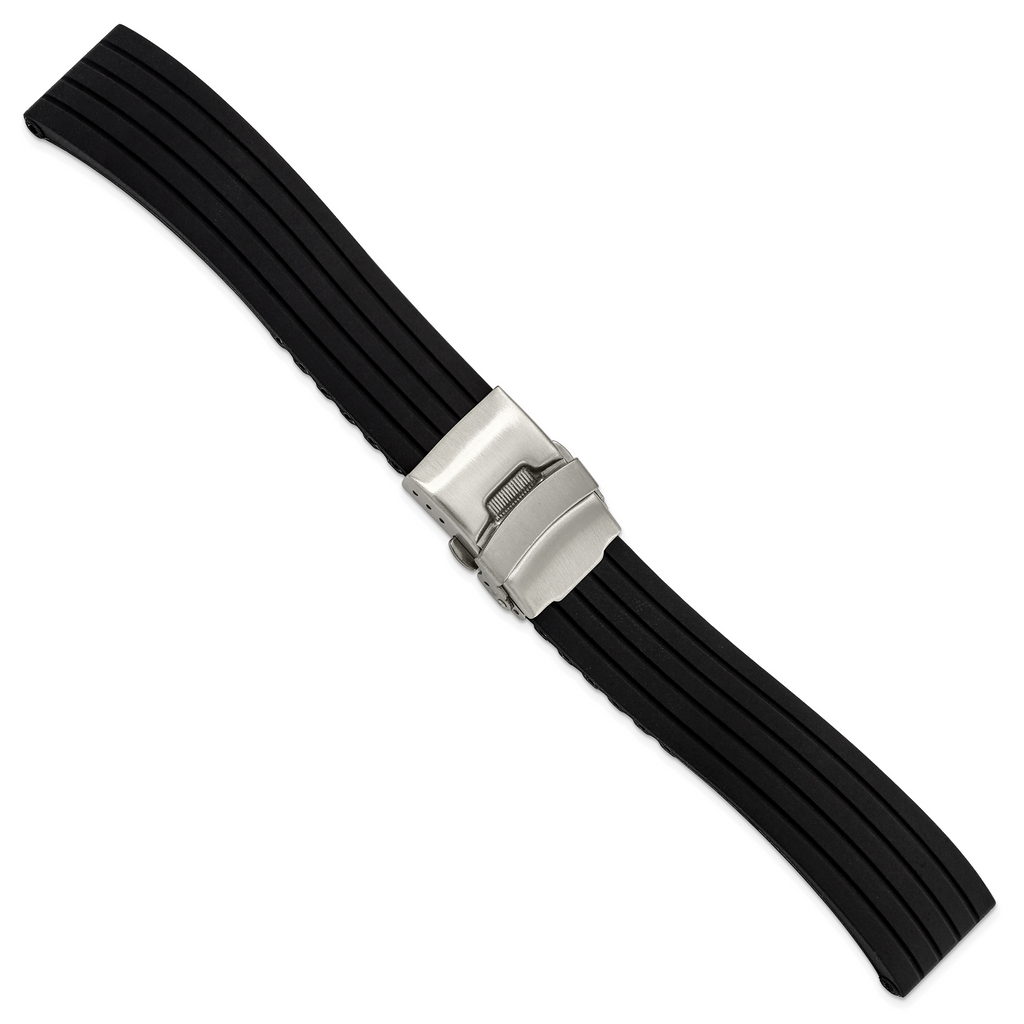 20mm Oris Style Black Striped Silicone Rubber with Brushed Stainless Steel Deployment Buckle 7.25 inch Watch Band