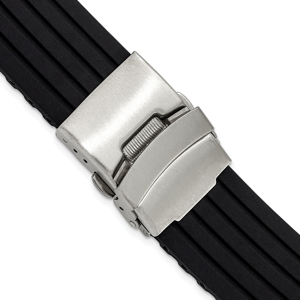 Oris-Style Striped Watch Band in Black Silicone Rubber, 22mm