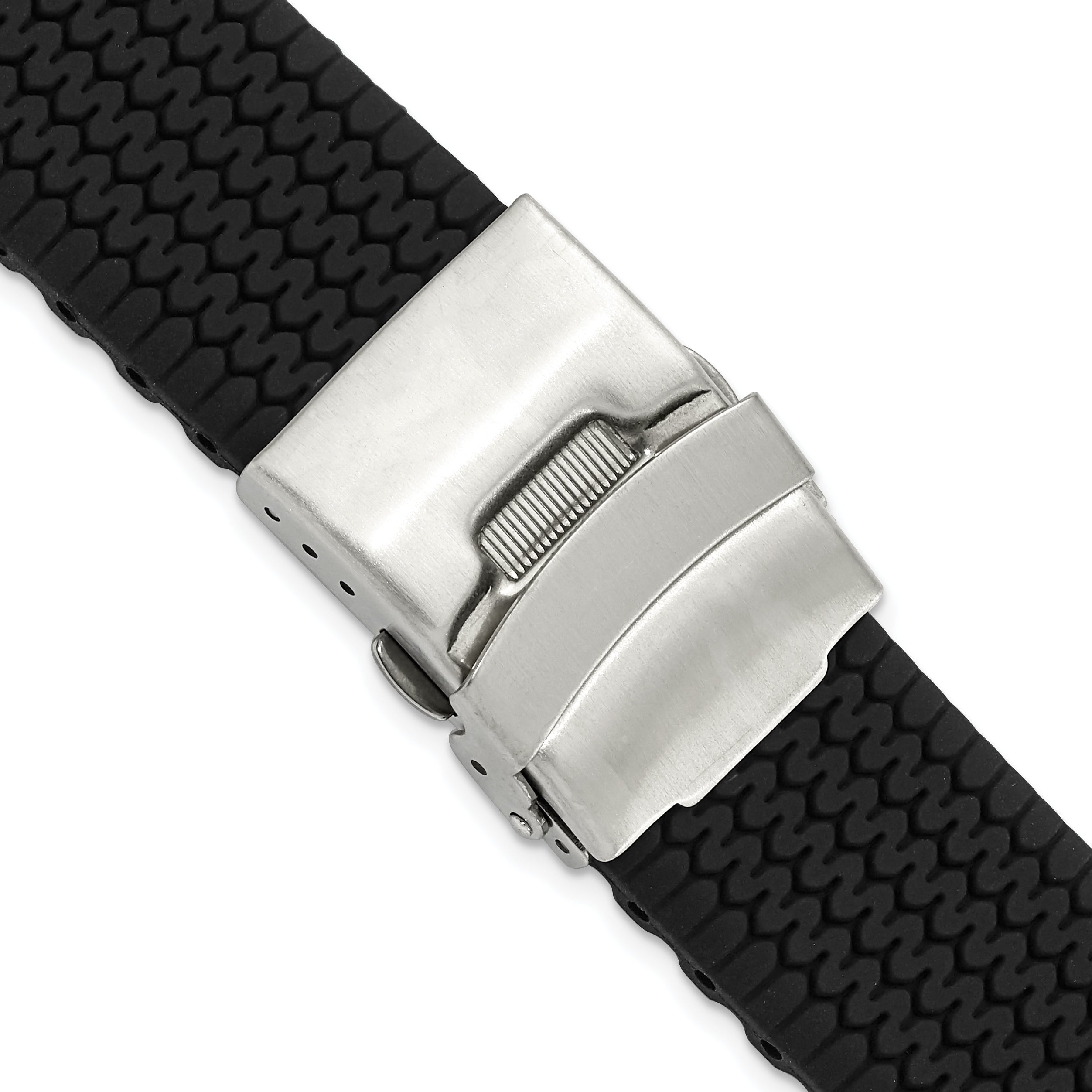 20mm Black Tread Design Silicone Rubber with Brushed Stainless Steel Deployment Buckle 7.25 inch Watch Band Main image