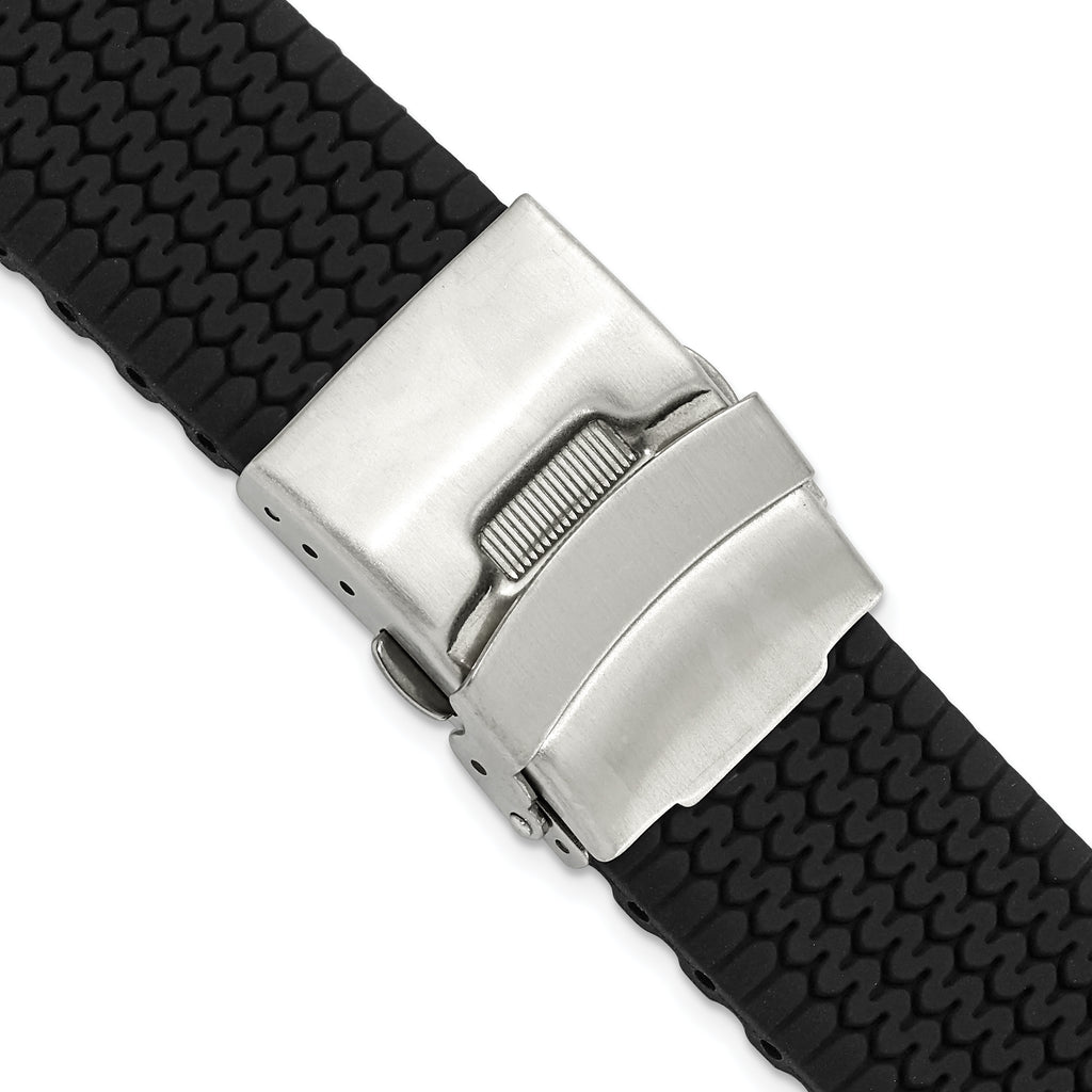 20mm Black Tread Design Silicone Rubber with Brushed Stainless Steel Deployment Buckle 7.25 inch Watch Band